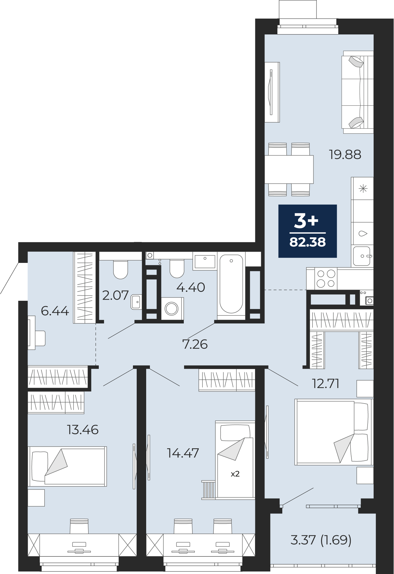 Квартира № 265, 3-комнатная, 82.38 кв. м, 16 этаж