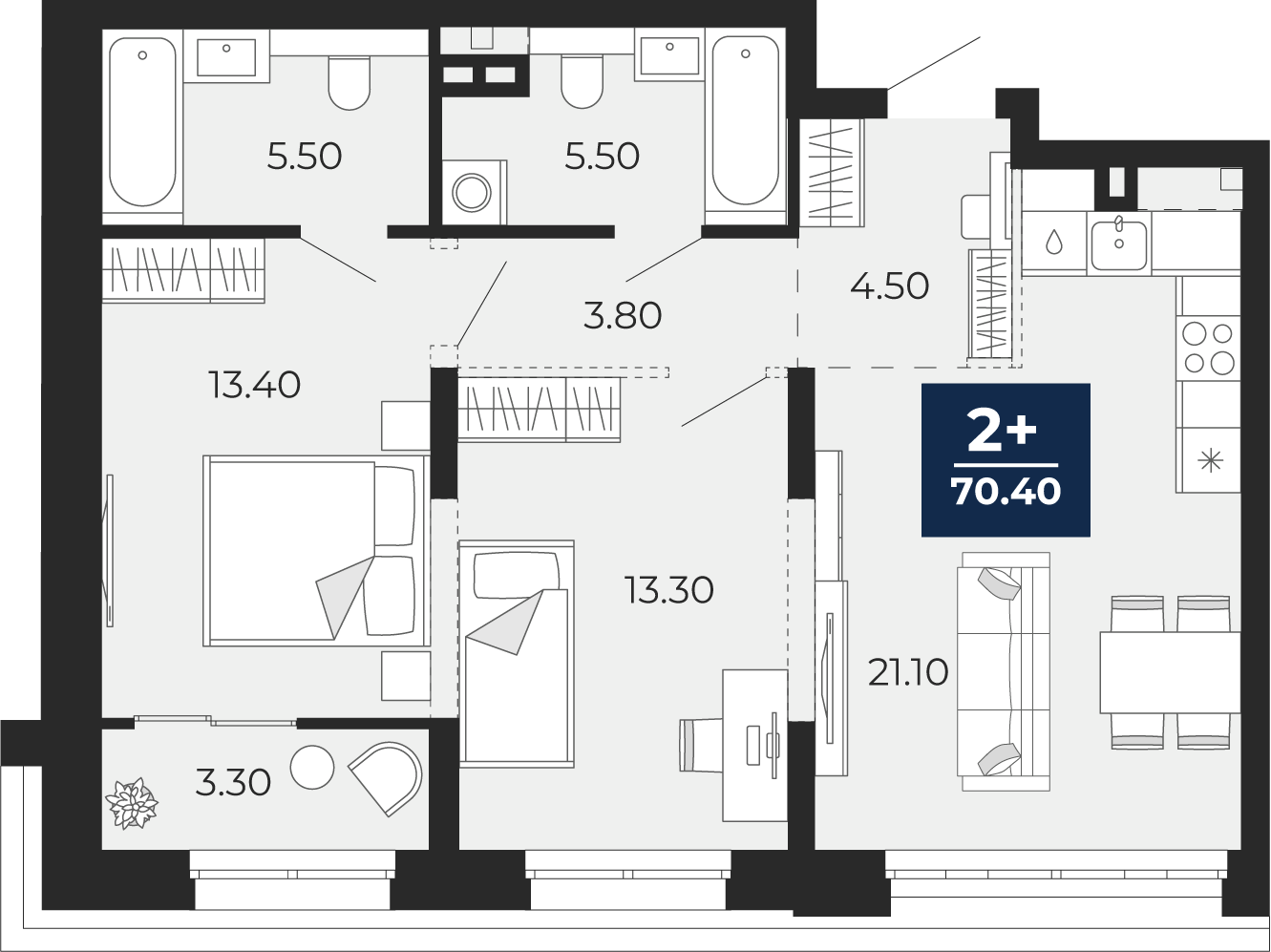 Квартира № 360, 2-комнатная, 70.4 кв. м, 2 этаж
