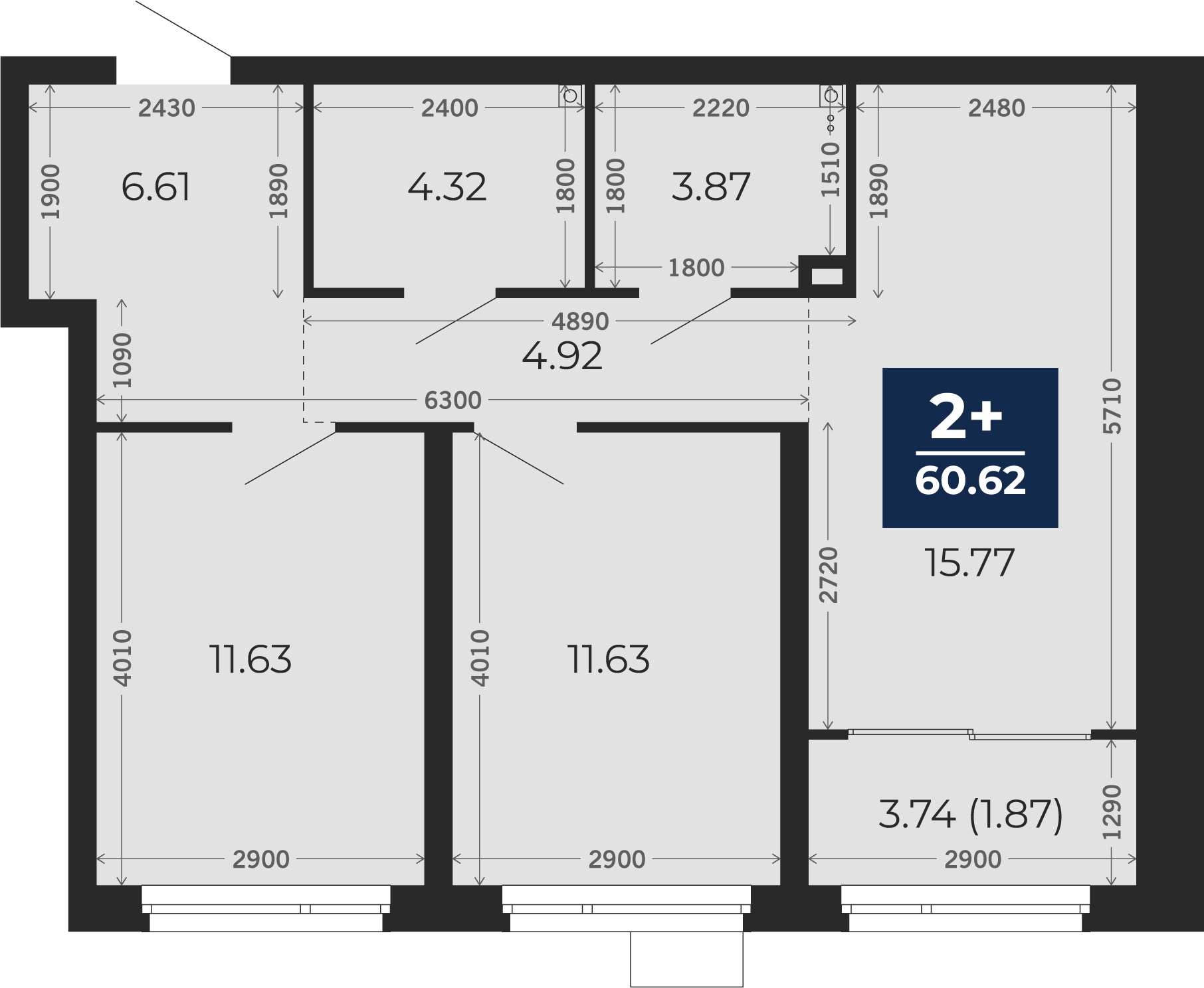 Квартира № 1, 2-комнатная, 60.62 кв. м, 1 этаж