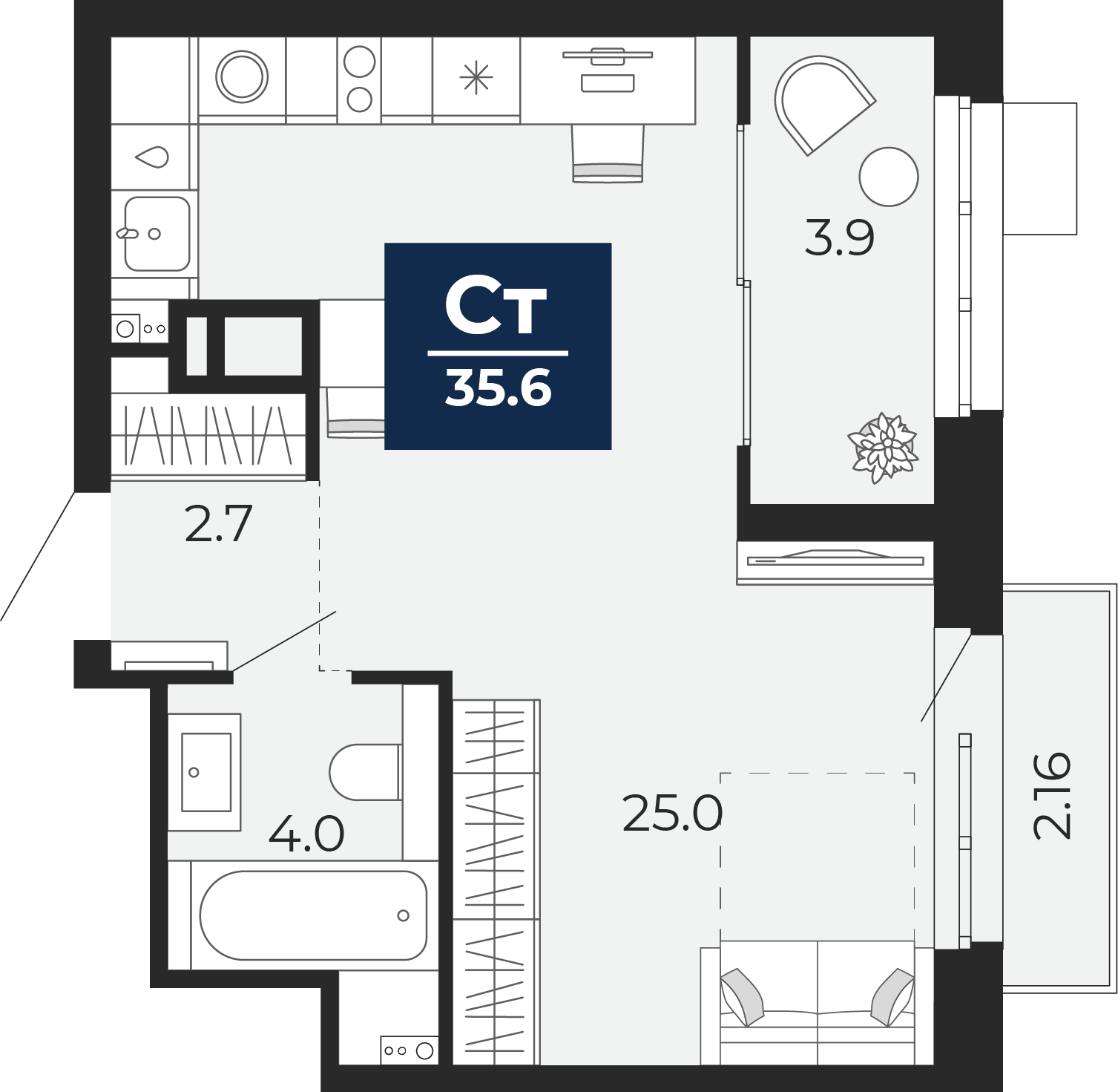 Квартира № 299, Студия, 38.48 кв. м, 11 этаж