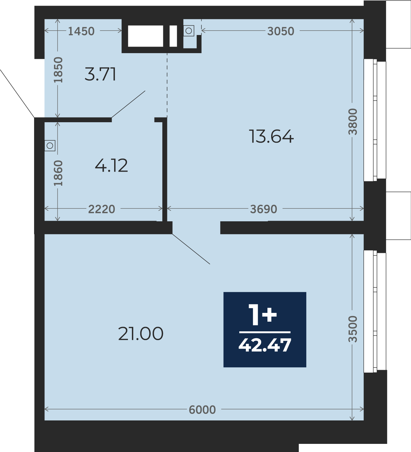 Квартира № 87, 1-комнатная, 42.47 кв. м, 2 этаж
