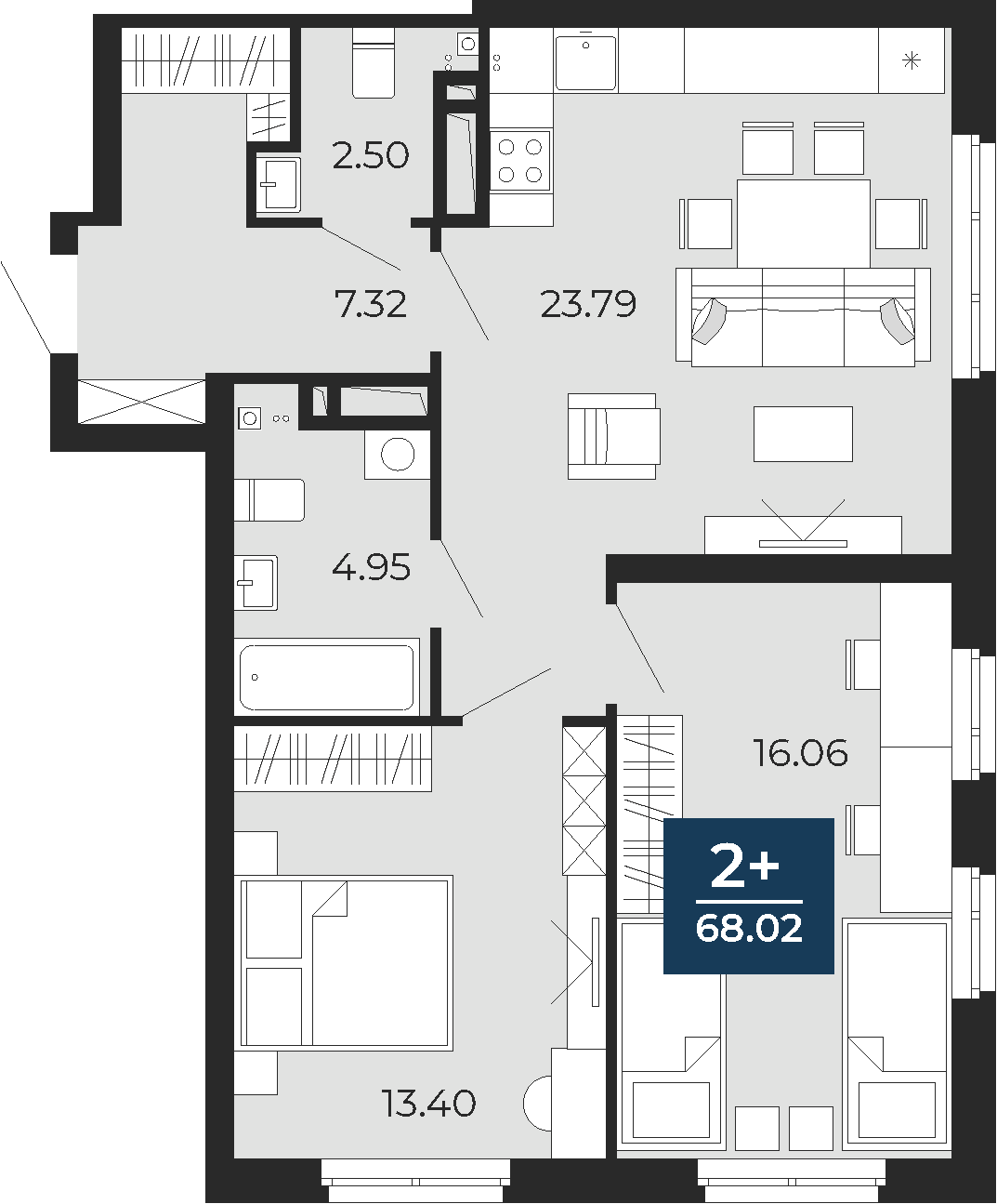 Квартира № 246, 2-комнатная, 68.02 кв. м, 19 этаж