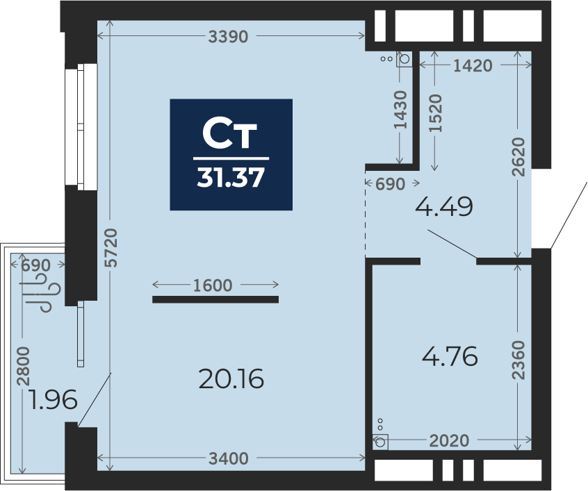 Квартира № 96, 1-комнатная, 30 кв. м, 13 этаж
