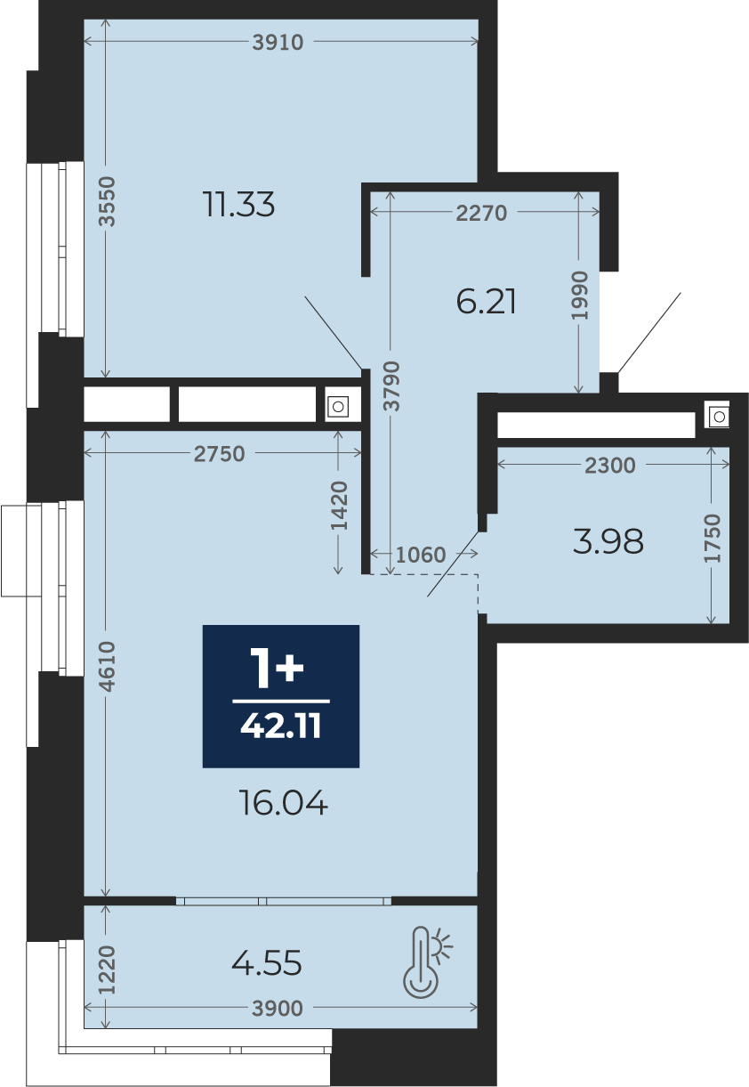 Квартира № 222, 1-комнатная, 42.11 кв. м, 2 этаж