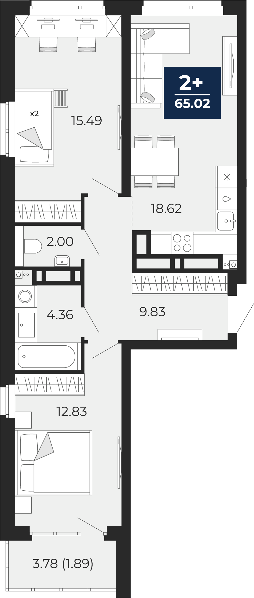 Квартира № 309, 2-комнатная, 65.02 кв. м, 21 этаж