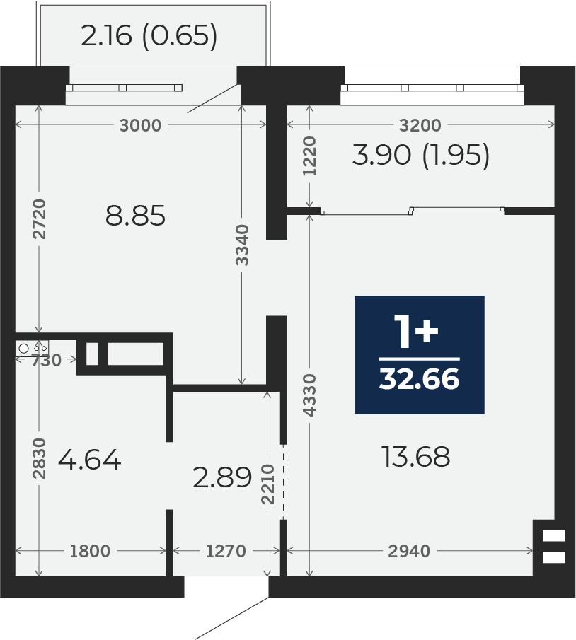 Квартира № 244, 1-комнатная, 32.66 кв. м, 5 этаж