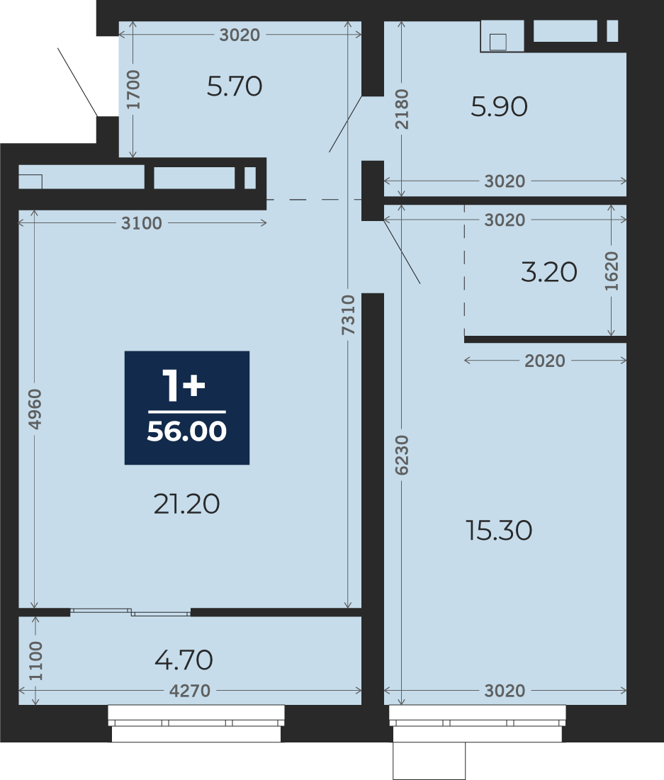Квартира № 109, 1-комнатная, 56 кв. м, 3 этаж