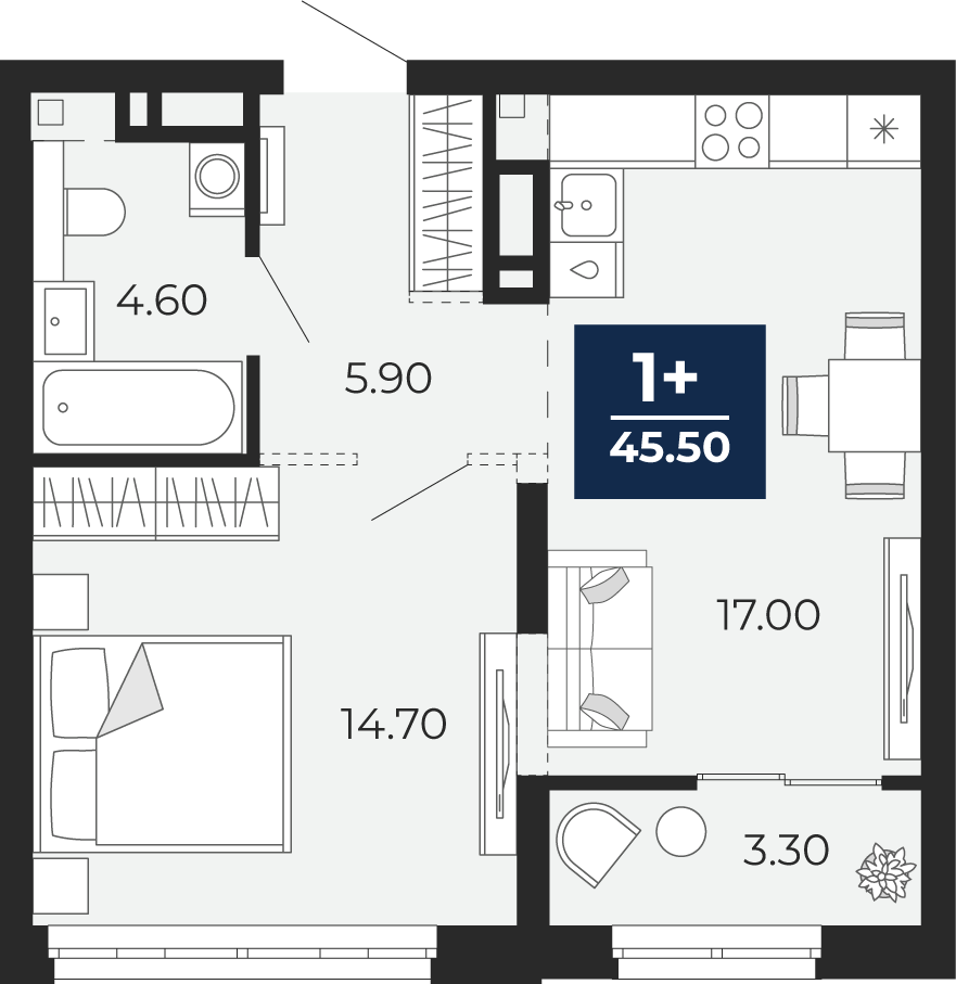 Квартира № 413, 1-комнатная, 45.5 кв. м, 13 этаж