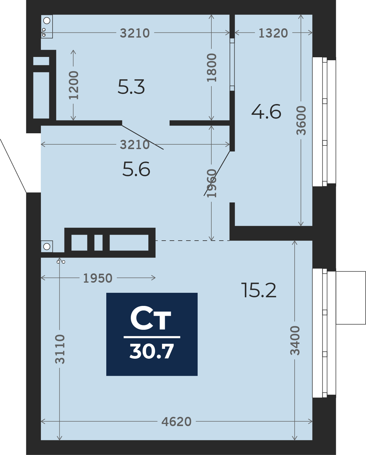Квартира № 340, Студия, 31.39 кв. м, 7 этаж