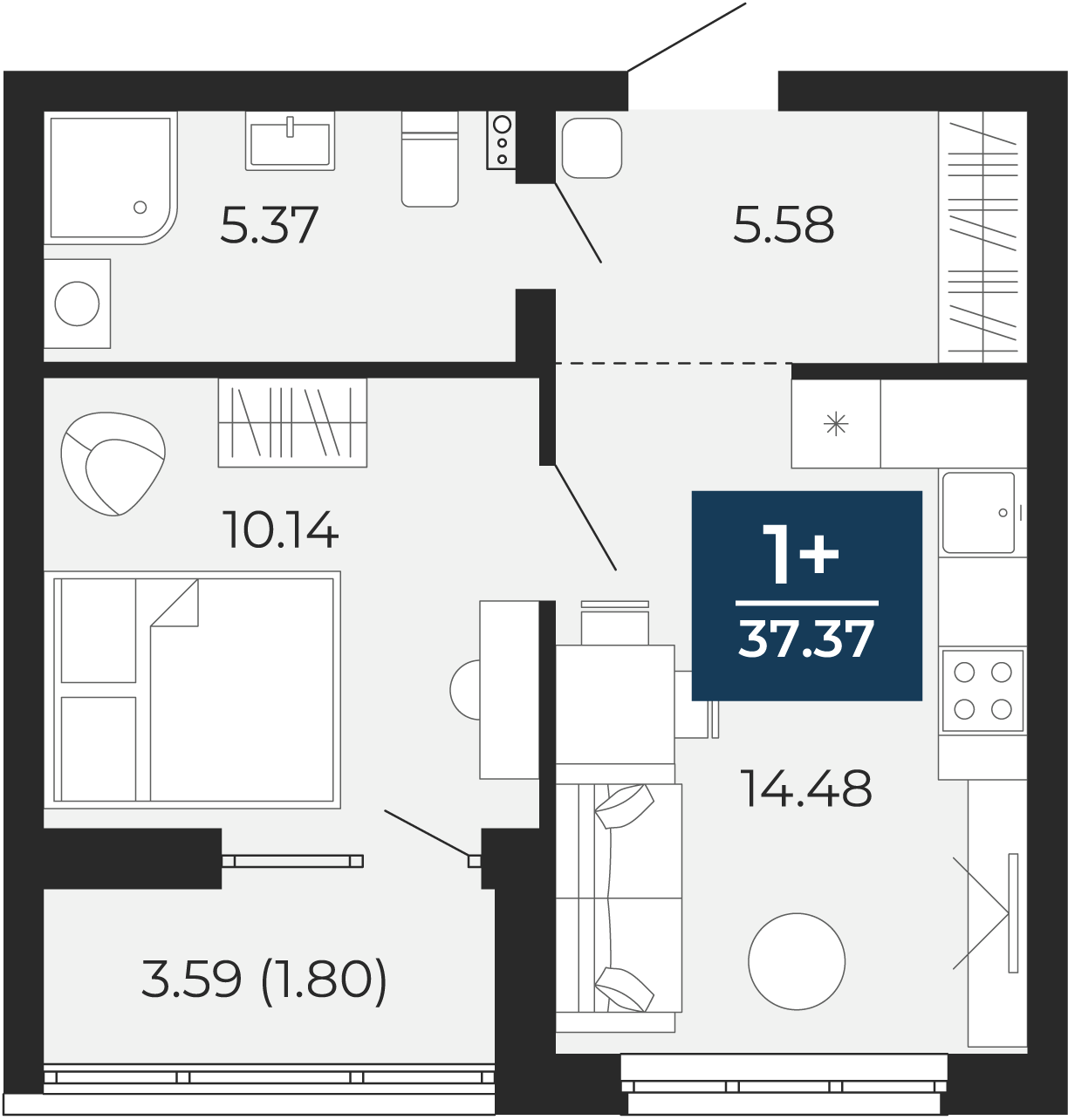 Квартира № 191, 1-комнатная, 37.37 кв. м, 2 этаж