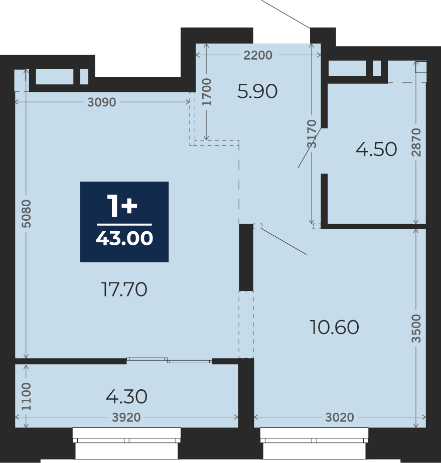 Квартира № 399, 1-комнатная, 43 кв. м, 10 этаж
