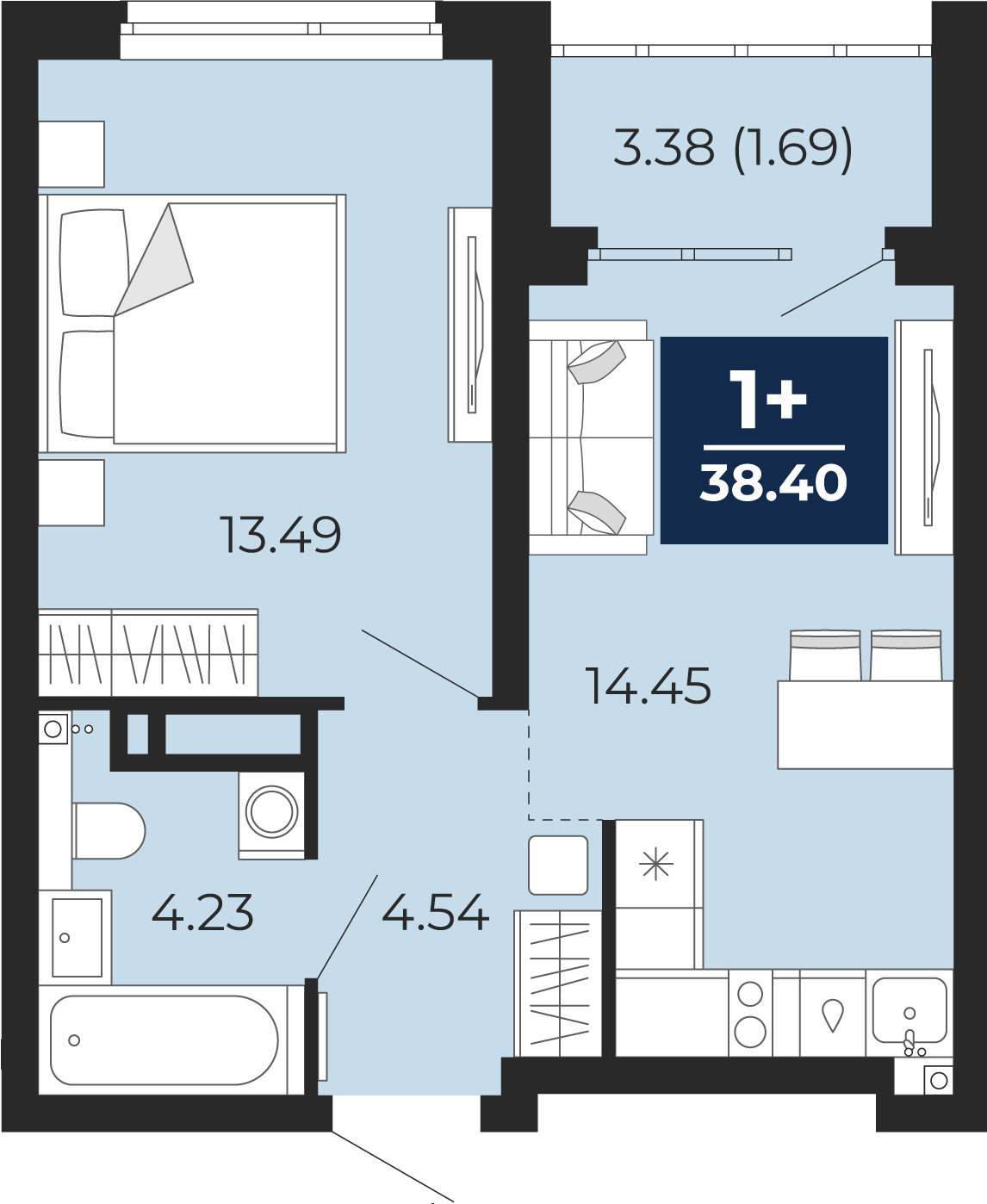 Квартира № 280, 1-комнатная, 38.4 кв. м, 18 этаж