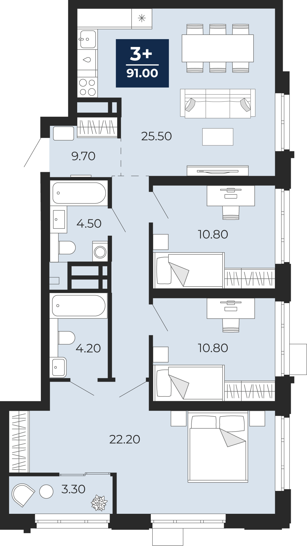 Квартира № 110, 3-комнатная, 91 кв. м, 4 этаж