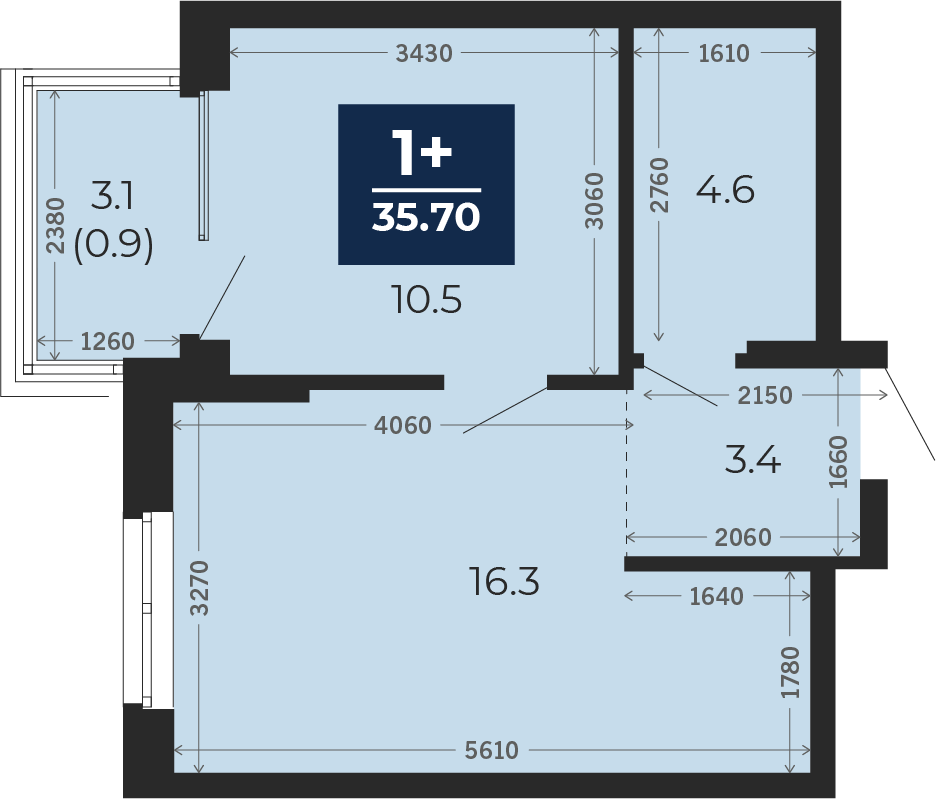 Квартира № 280, 1-комнатная, 37.9 кв. м, 12 этаж
