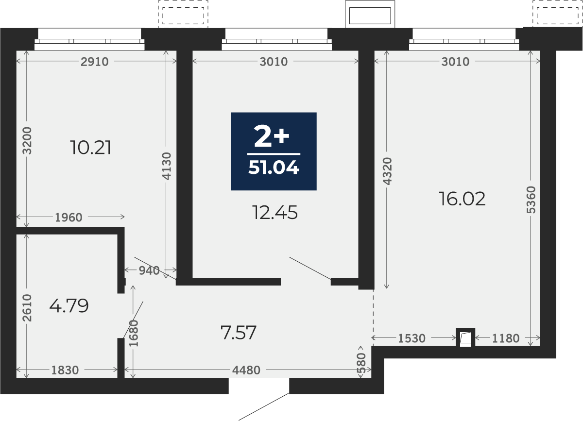 Квартира № 745, 2-комнатная, 51.04 кв. м, 1 этаж
