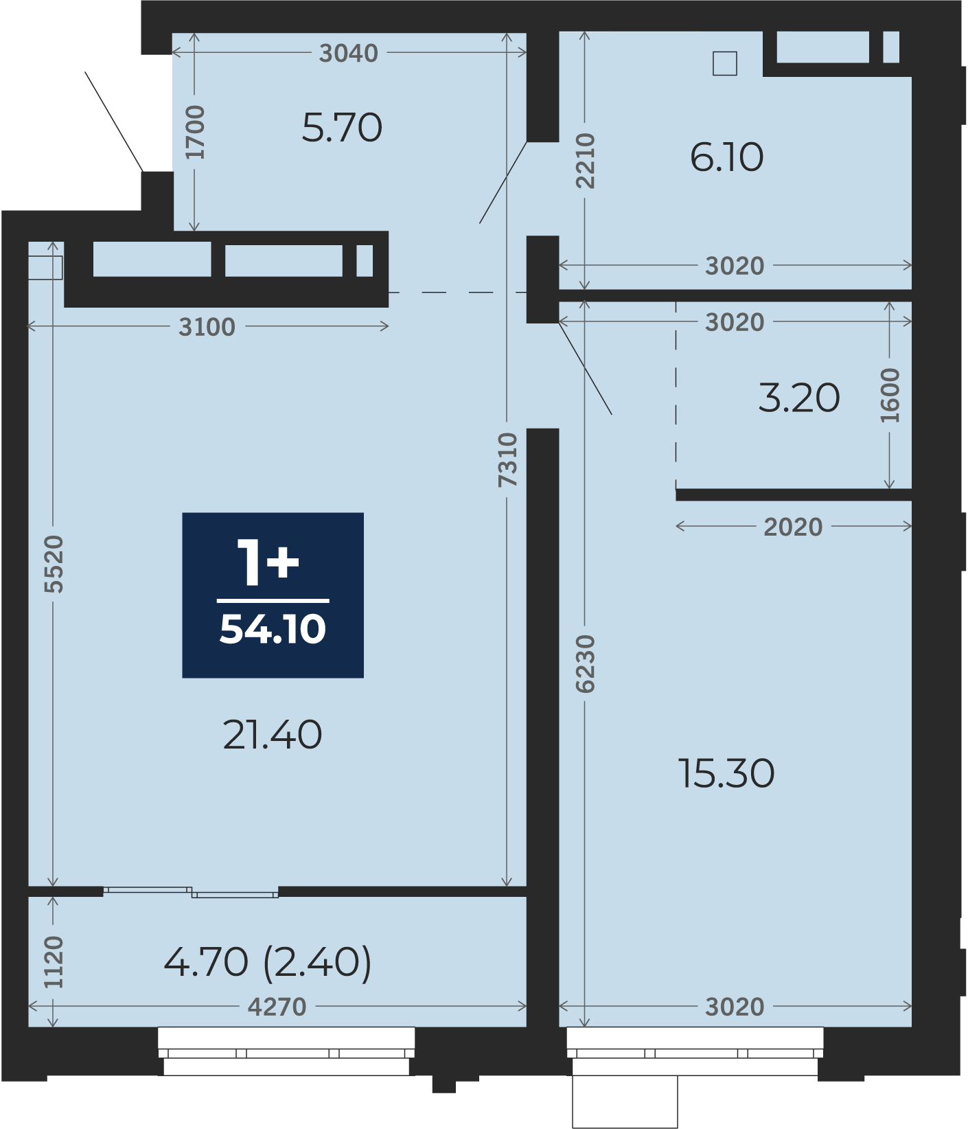 Квартира № 242, 1-комнатная, 54.1 кв. м, 22 этаж