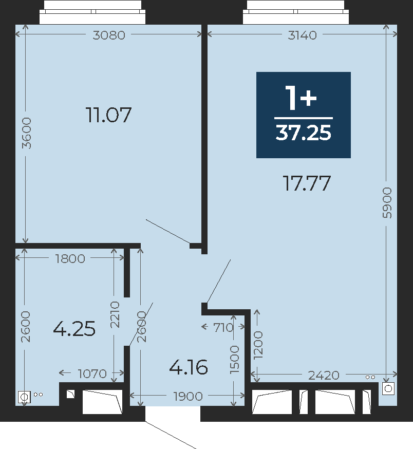 Квартира № 298, 1-комнатная, 37.25 кв. м, 23 этаж