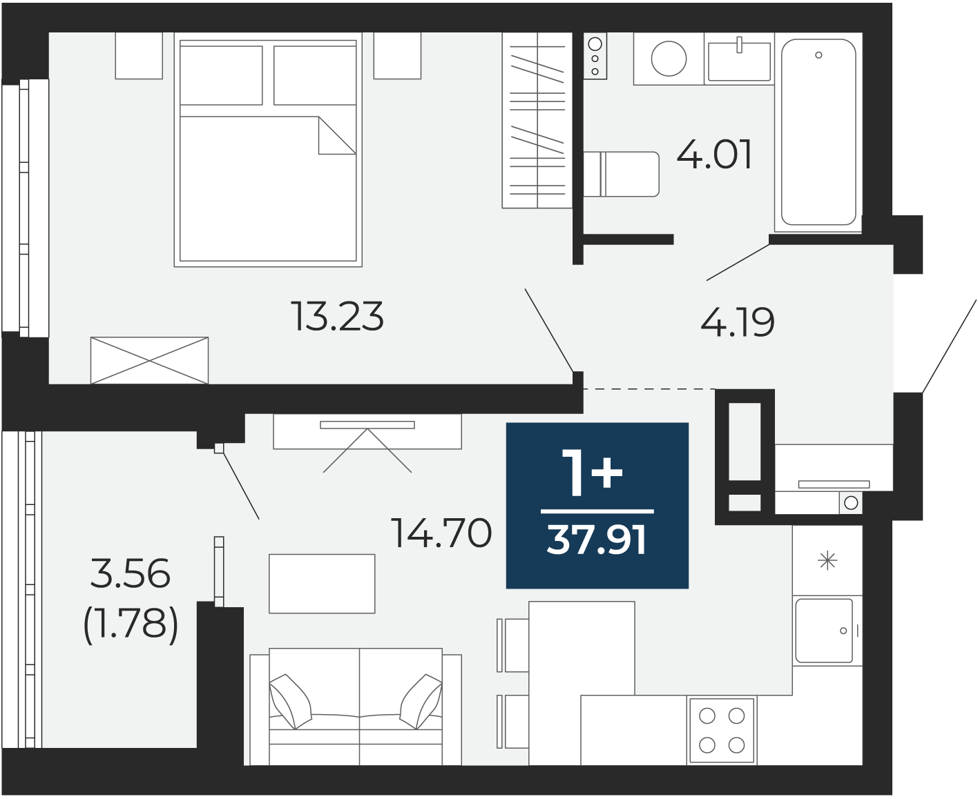 Квартира № 130, 1-комнатная, 37.91 кв. м, 13 этаж