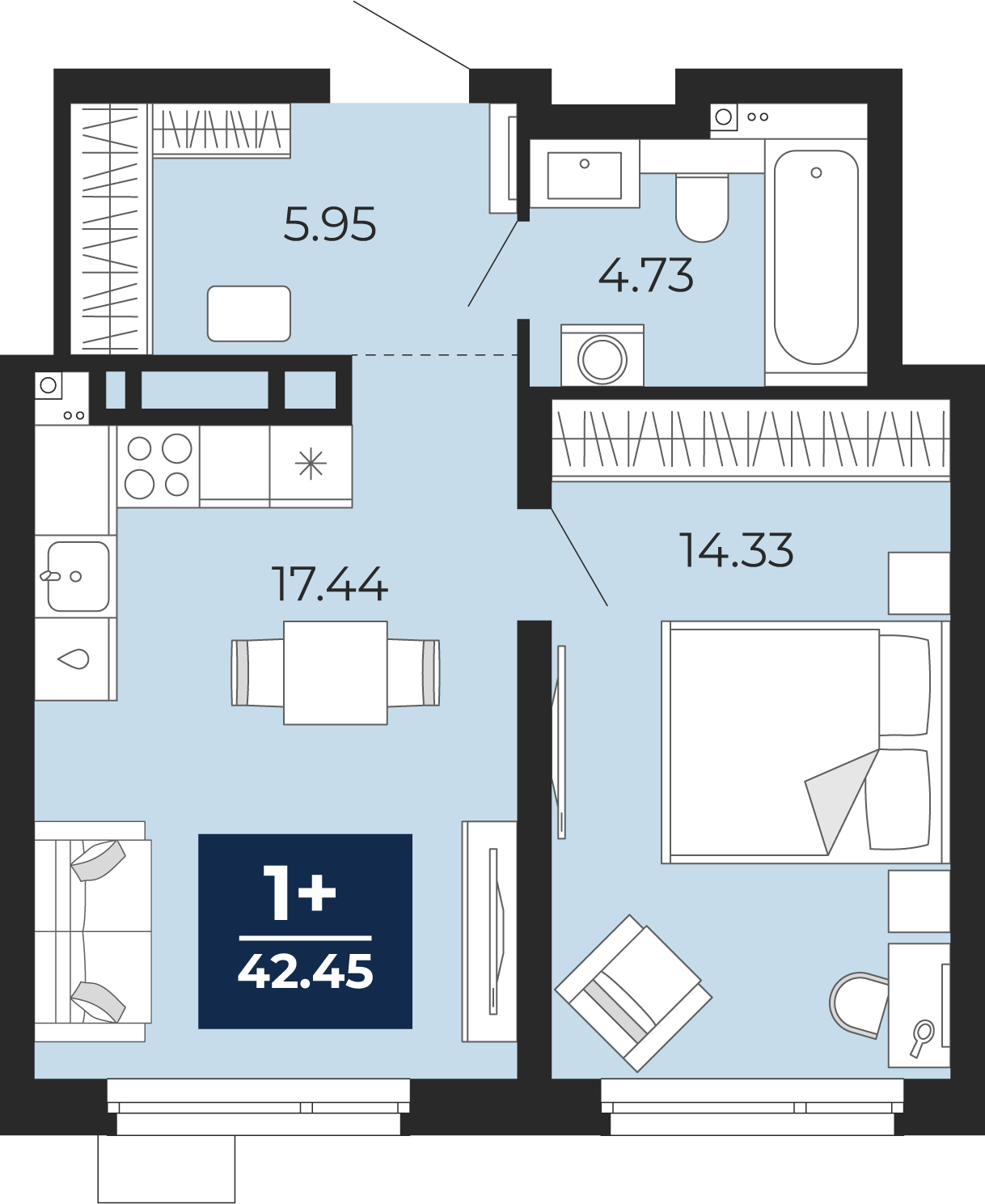 Квартира № 2, 1-комнатная, 42.45 кв. м, 1 этаж