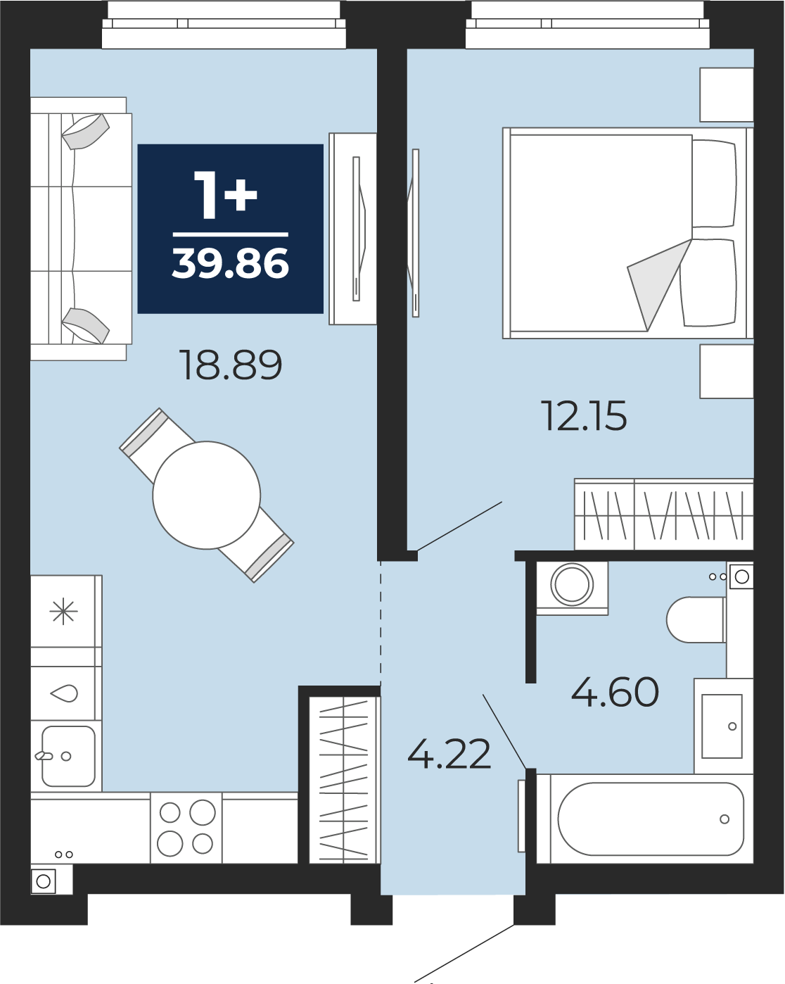 Квартира № 116, 1-комнатная, 39.86 кв. м, 1 этаж