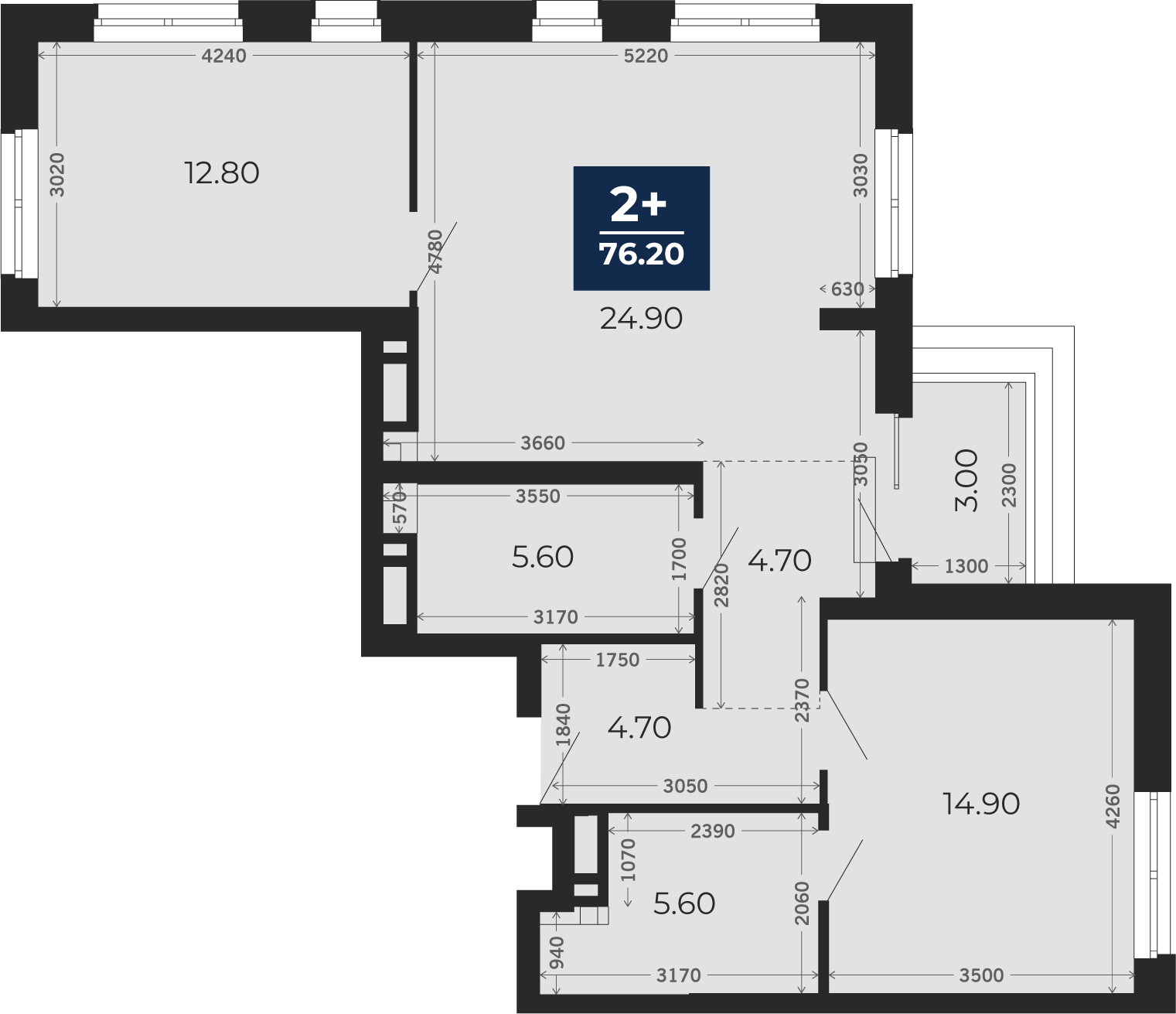 Квартира № 133, 2-комнатная, 76.2 кв. м, 18 этаж