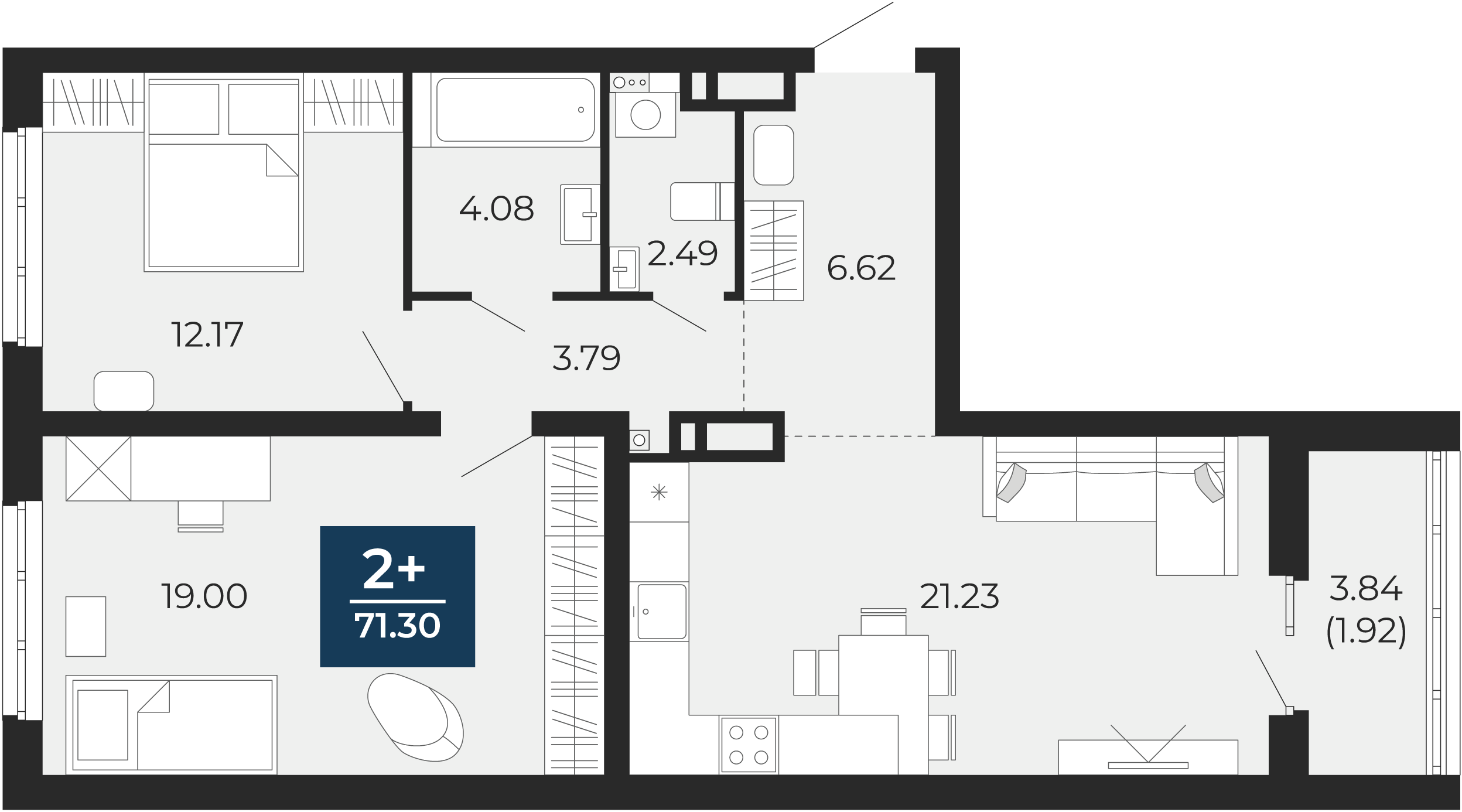 Квартира № 51, 2-комнатная, 71.3 кв. м, 2 этаж