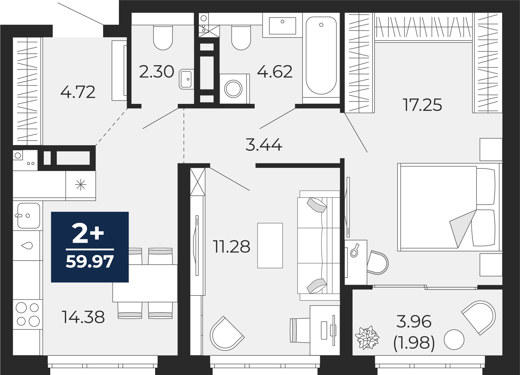 Квартира № 225, 2-комнатная, 59.97 кв. м, 4 этаж