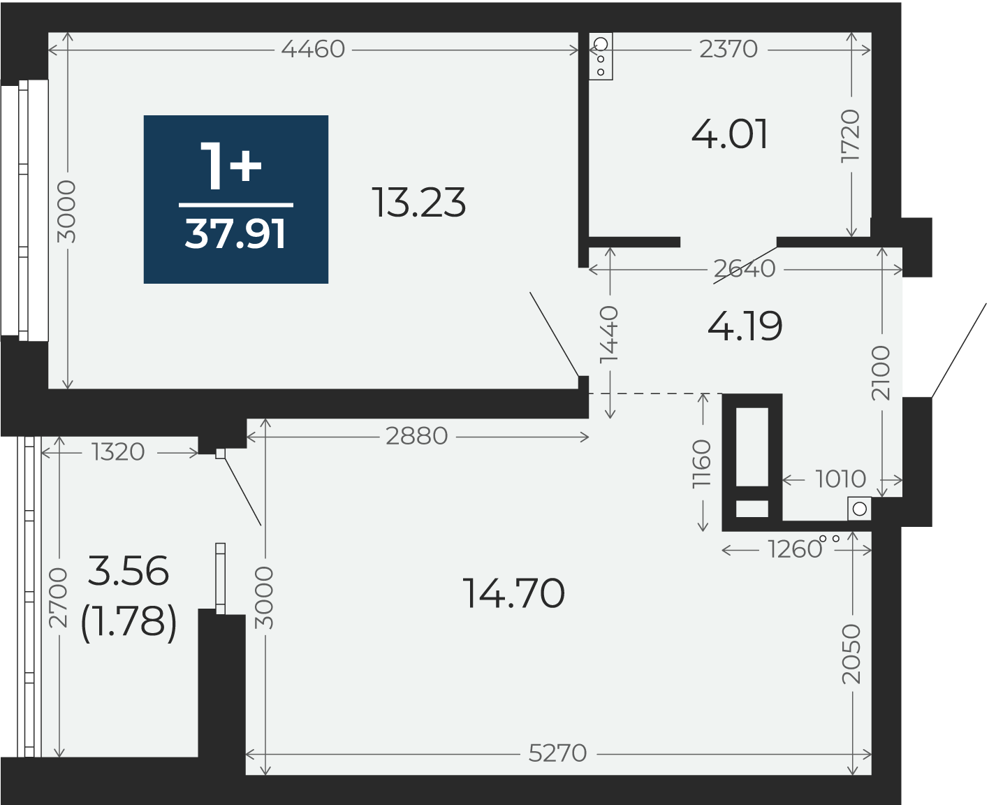 Квартира № 130, 1-комнатная, 37.91 кв. м, 13 этаж