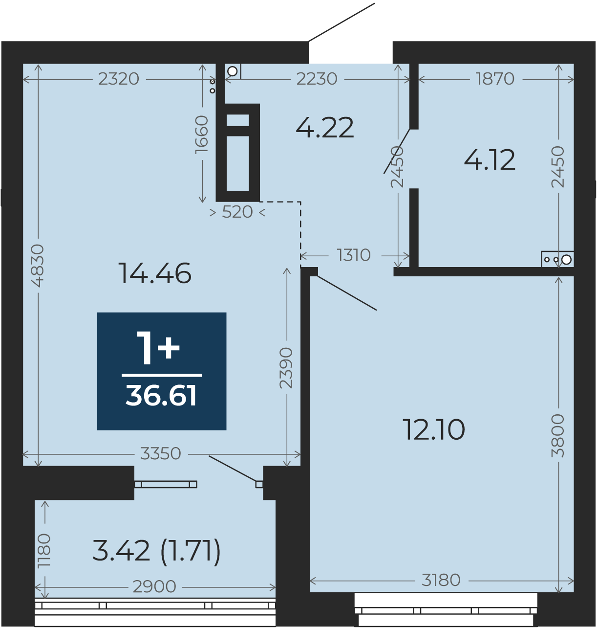Квартира № 190, 1-комнатная, 36.61 кв. м, 2 этаж