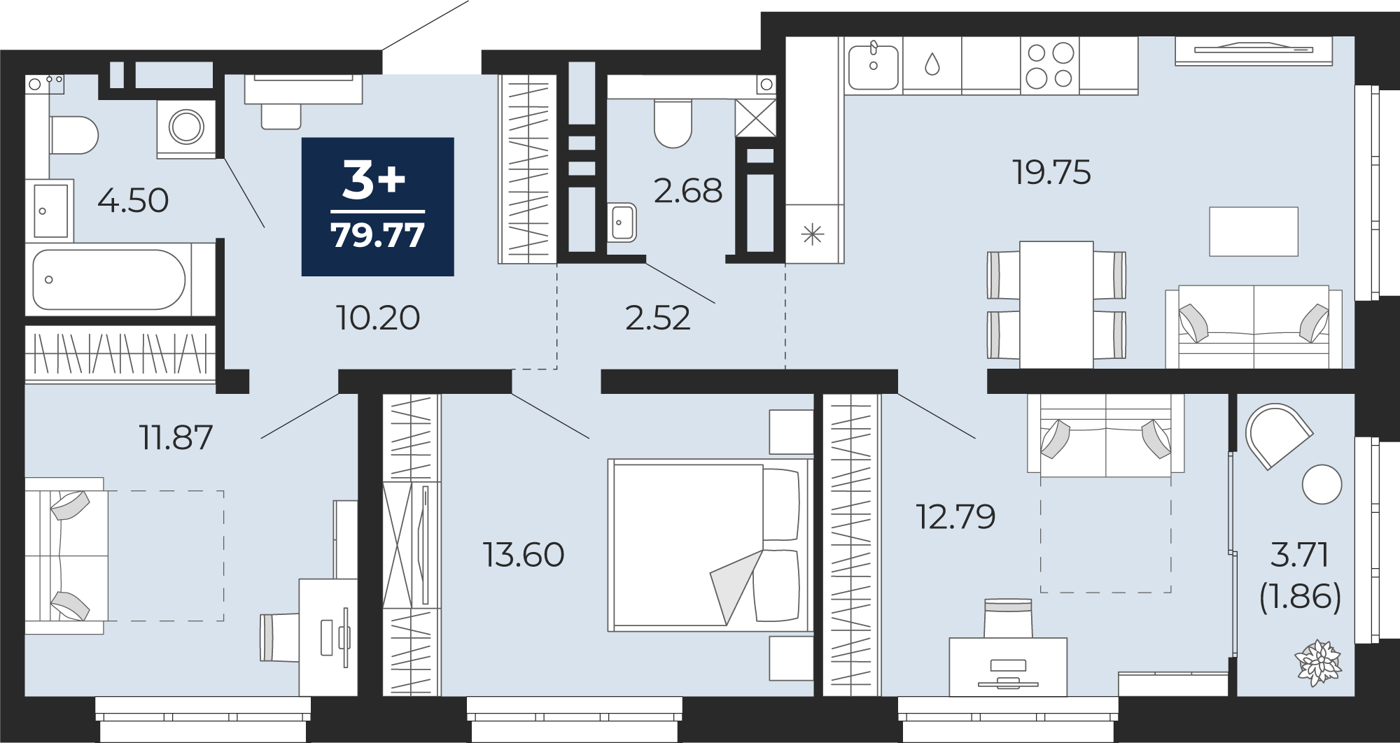 Квартира № 440, 3-комнатная, 79.77 кв. м, 3 этаж