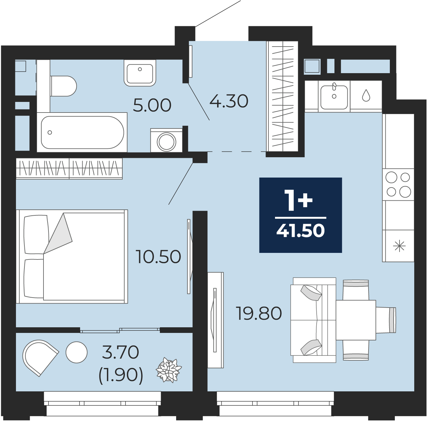 Квартира № 261, 1-комнатная, 41.5 кв. м, 3 этаж