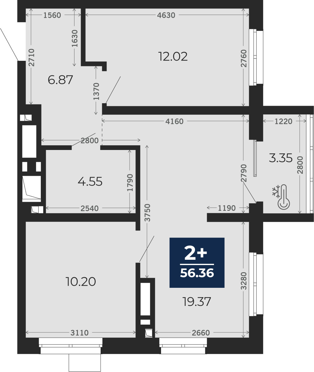 Квартира № 24, 2-комнатная, 54.68 кв. м, 5 этаж