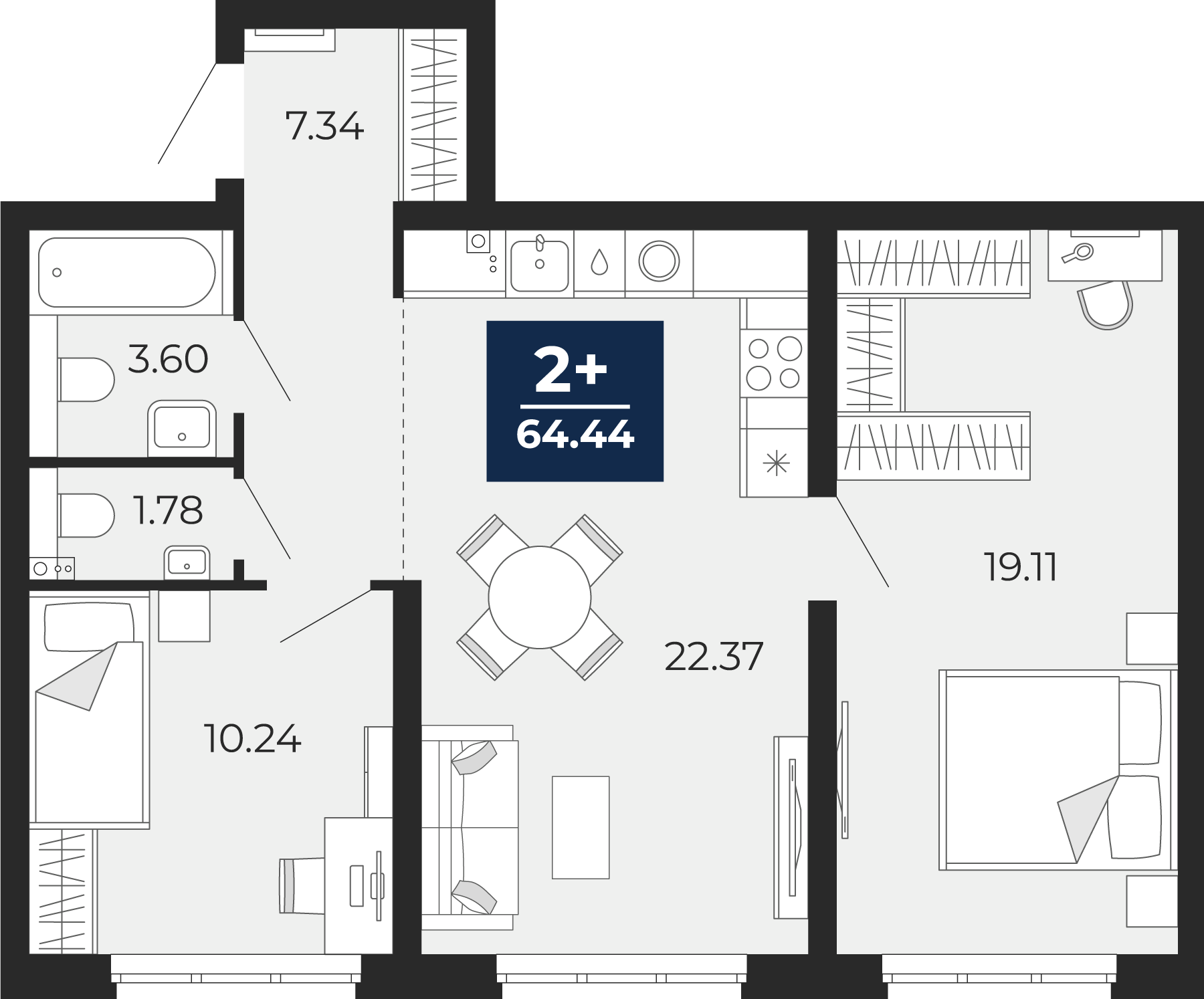 Квартира № 217, 2-комнатная, 64.44 кв. м, 1 этаж