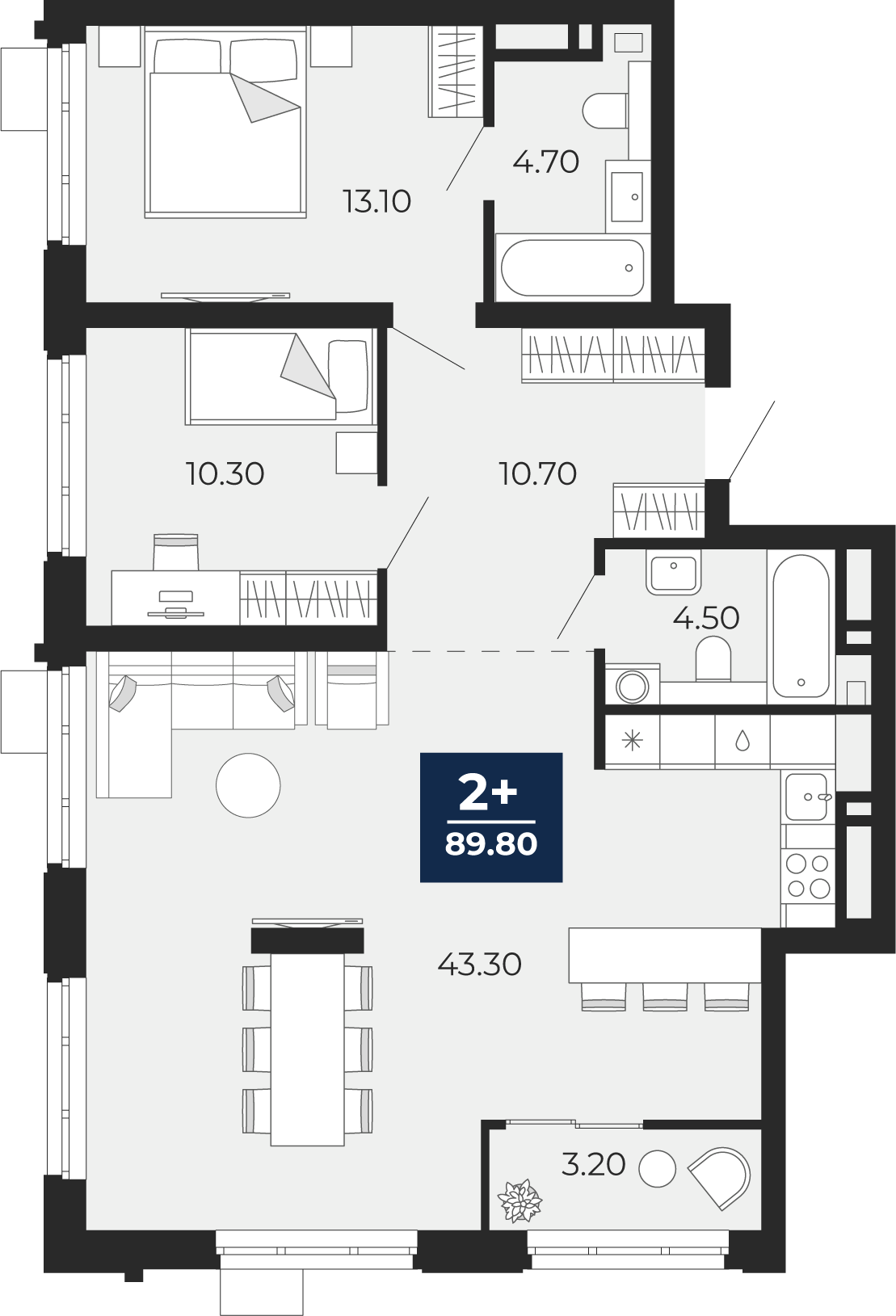Квартира № 111, 2-комнатная, 89.8 кв. м, 4 этаж