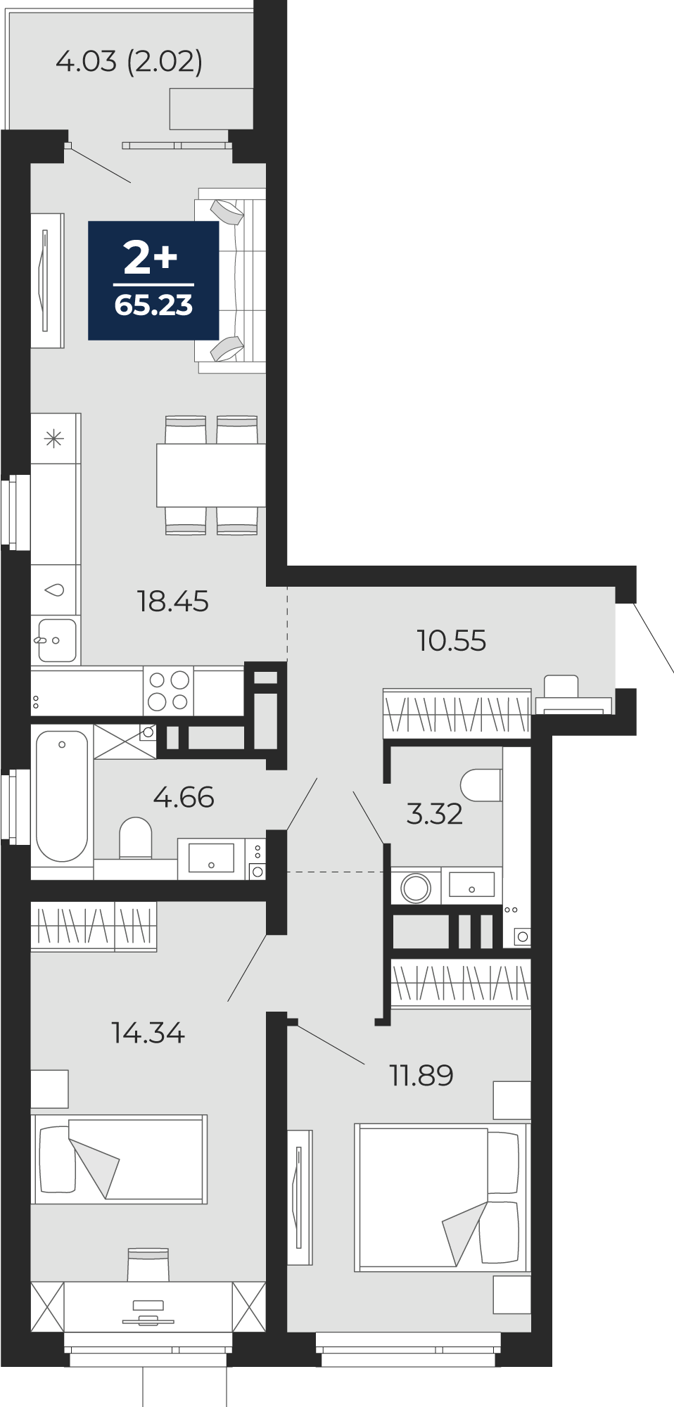 Квартира № 251, 2-комнатная, 65.23 кв. м, 21 этаж