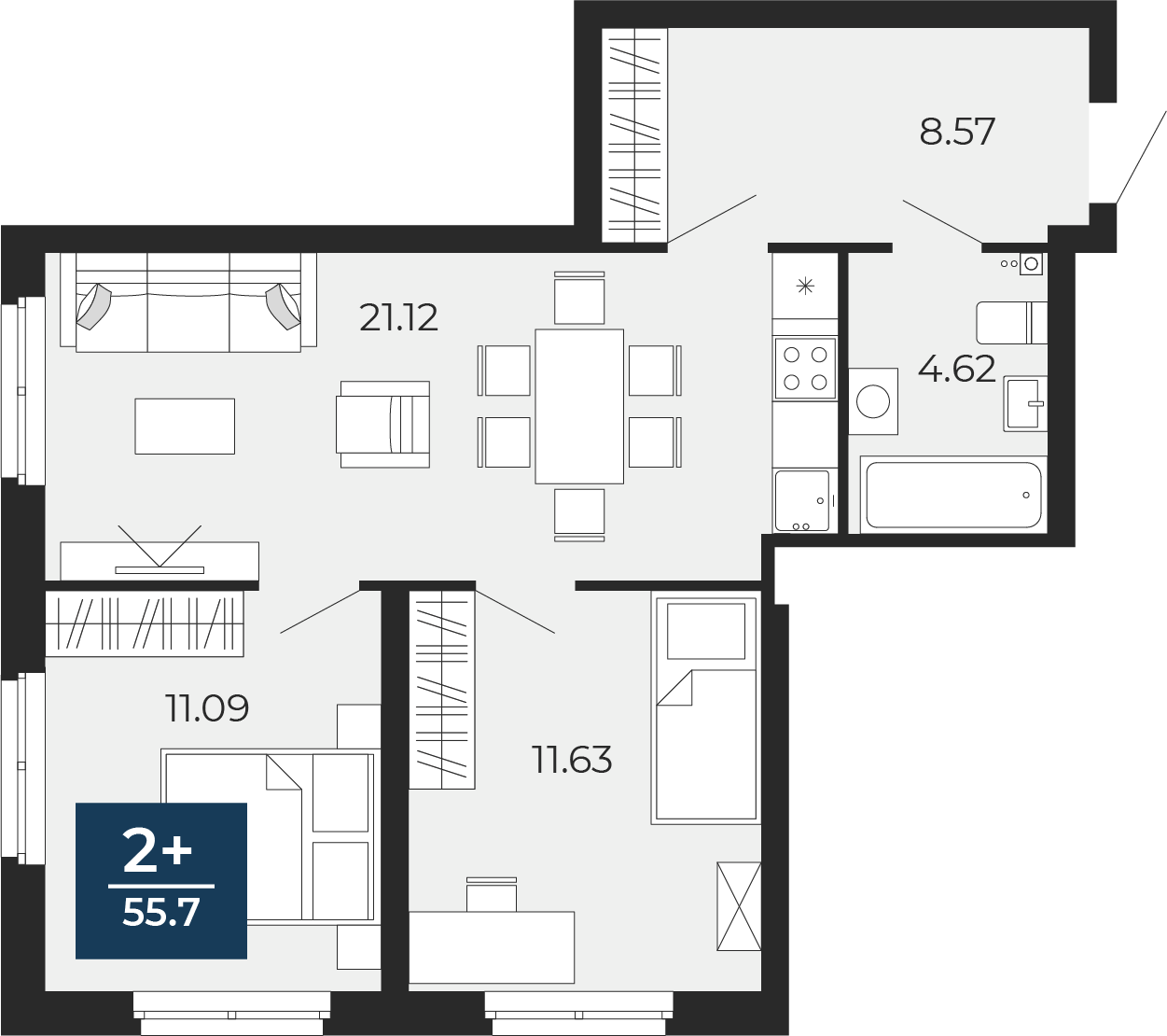 Квартира № 322, 2-комнатная, 57.03 кв. м, 24 этаж