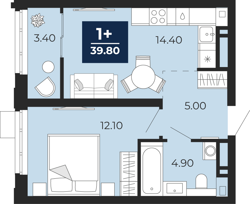 Планировка: Евродвушка 39.8 м² в ЖК Айвазовский, 5-й Заречный