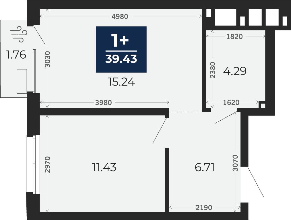Квартира № 184, 1-комнатная, 39.43 кв. м, 5 этаж