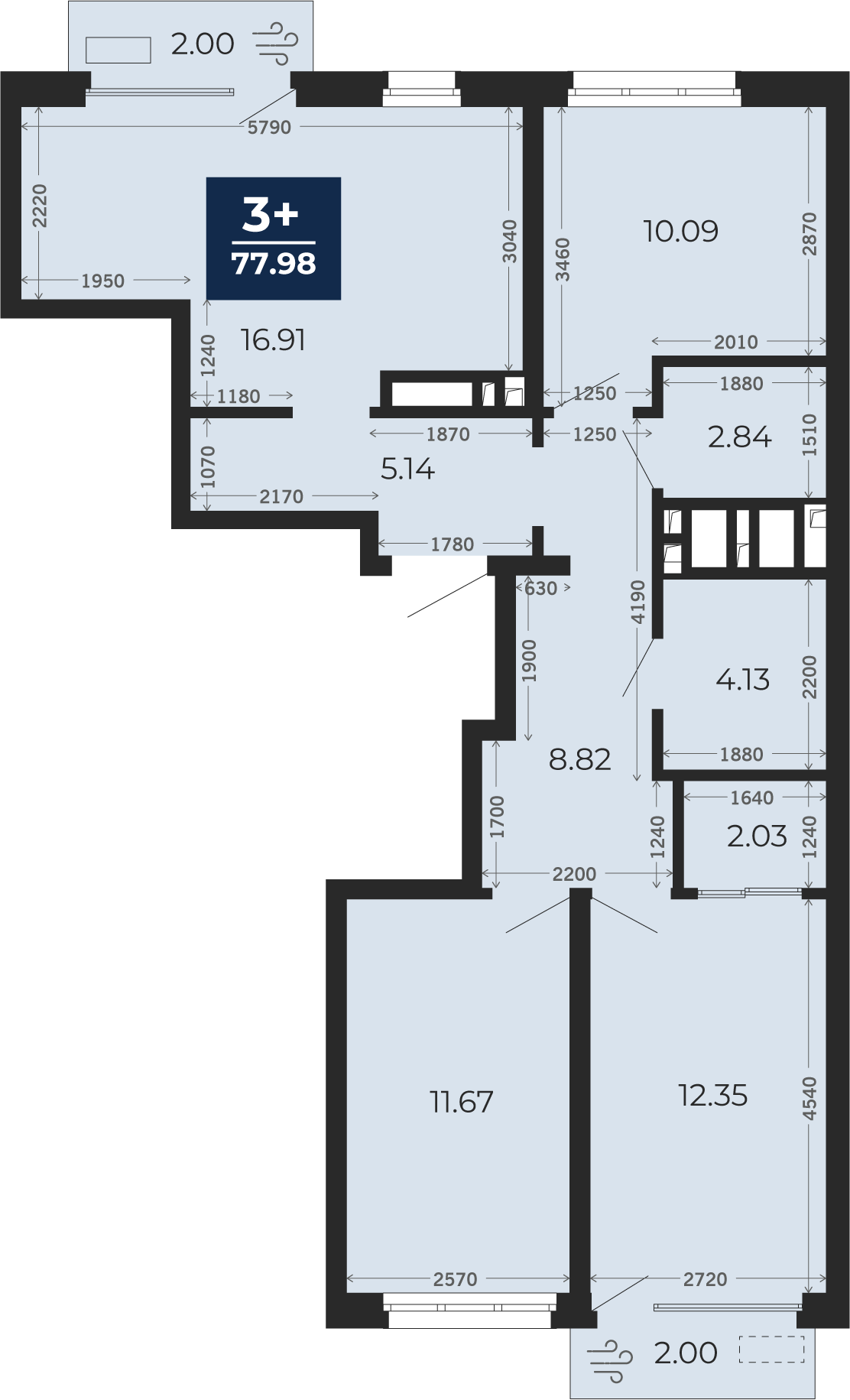Квартира № 476, 3-комнатная, 77.98 кв. м, 6 этаж