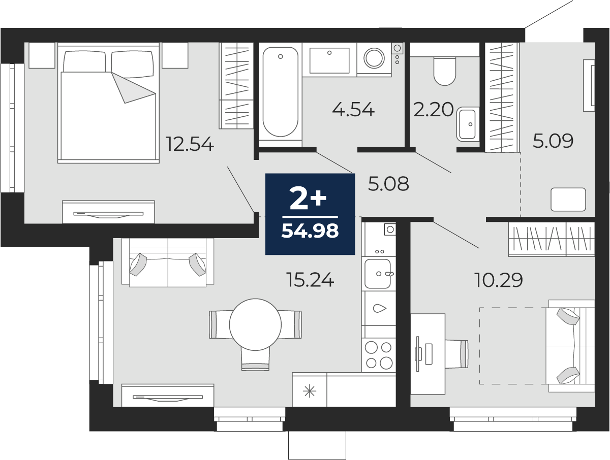 Квартира № 2, 2-комнатная, 54.98 кв. м, 1 этаж