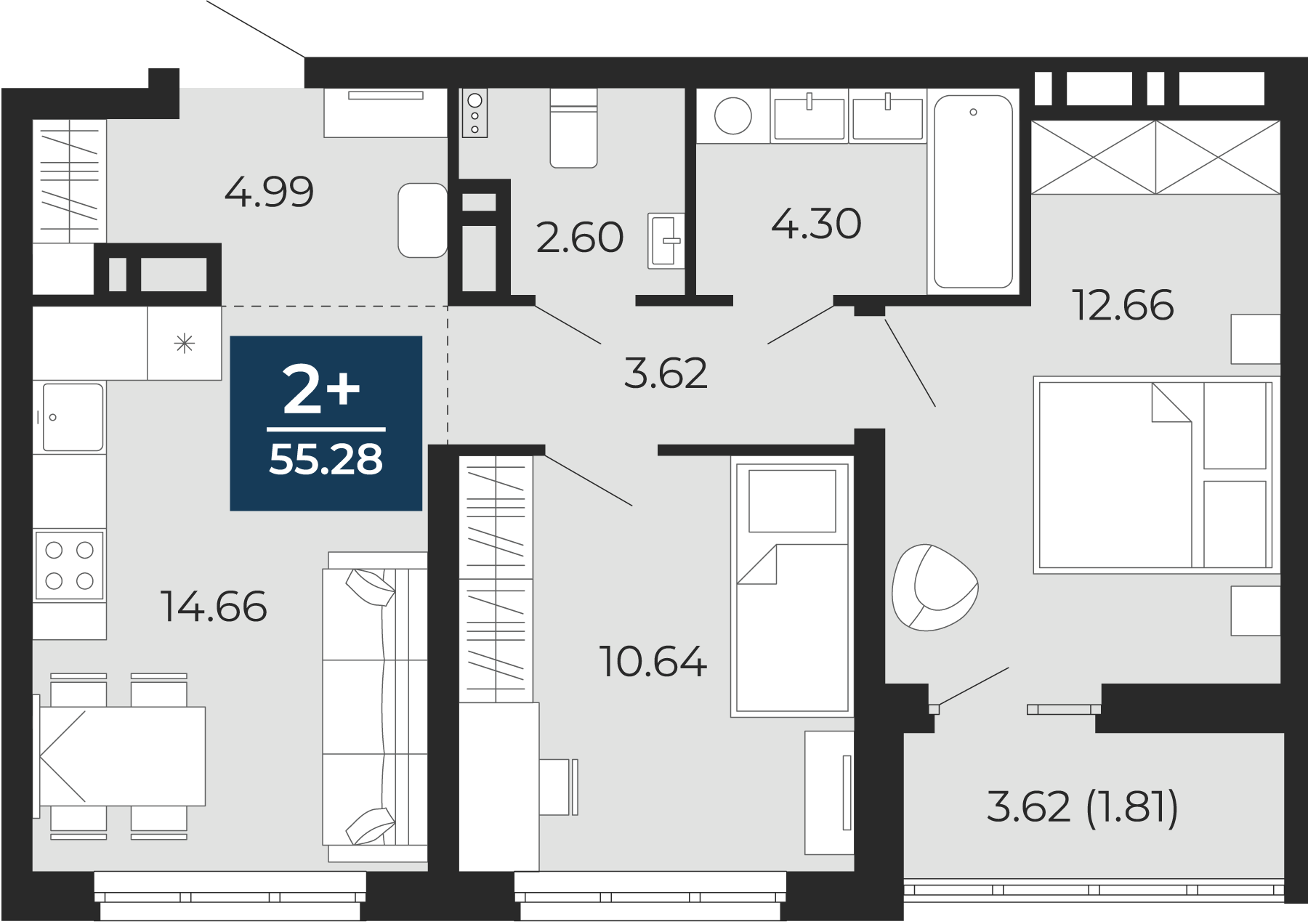 Квартира № 166, 2-комнатная, 55.28 кв. м, 3 этаж