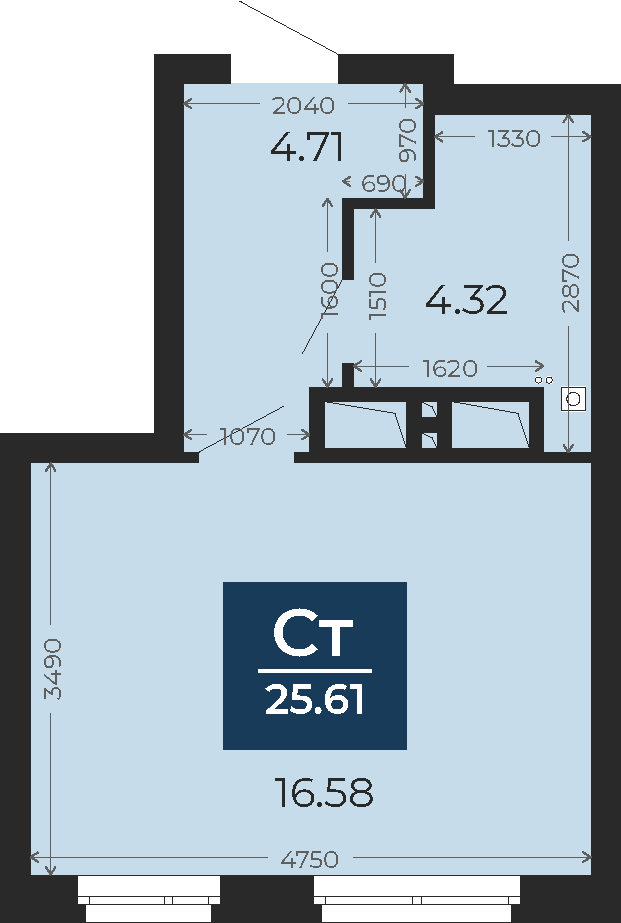 Квартира № 317, Студия, 25.61 кв. м, 24 этаж