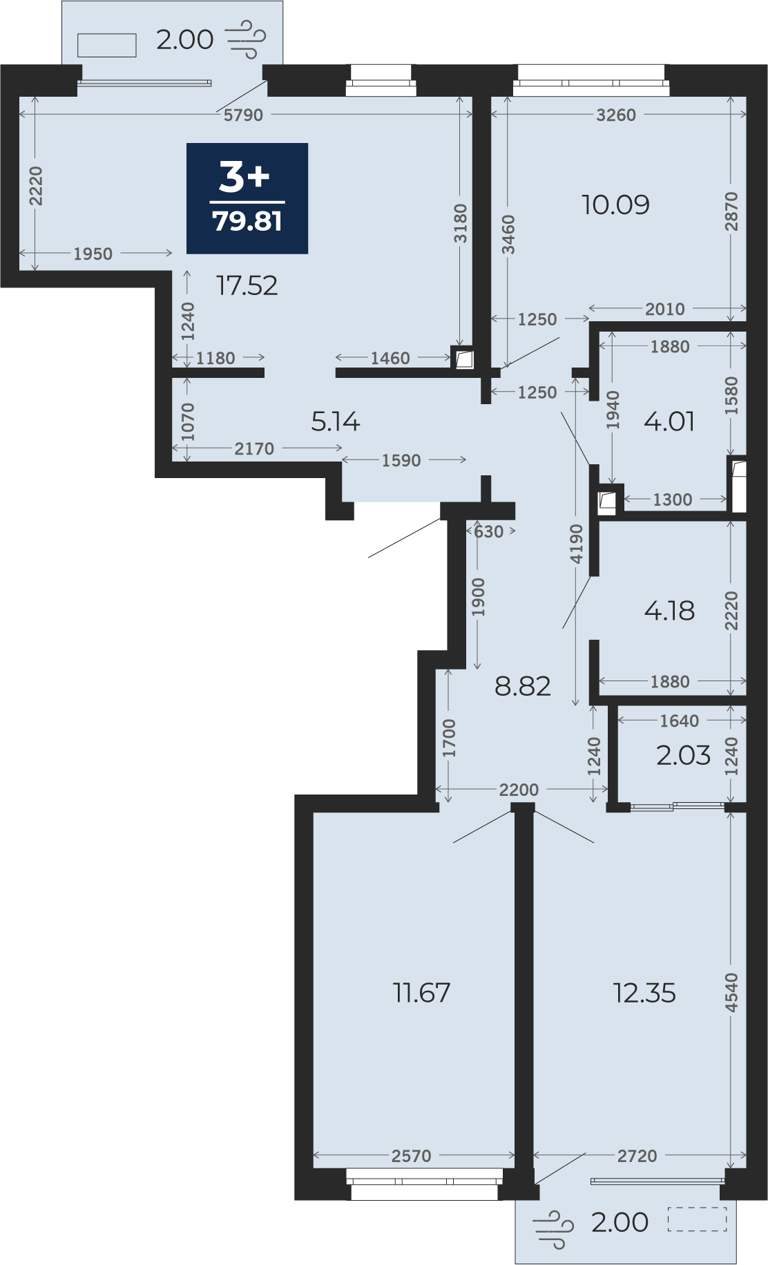 Квартира № 532, 3-комнатная, 79.81 кв. м, 2 этаж
