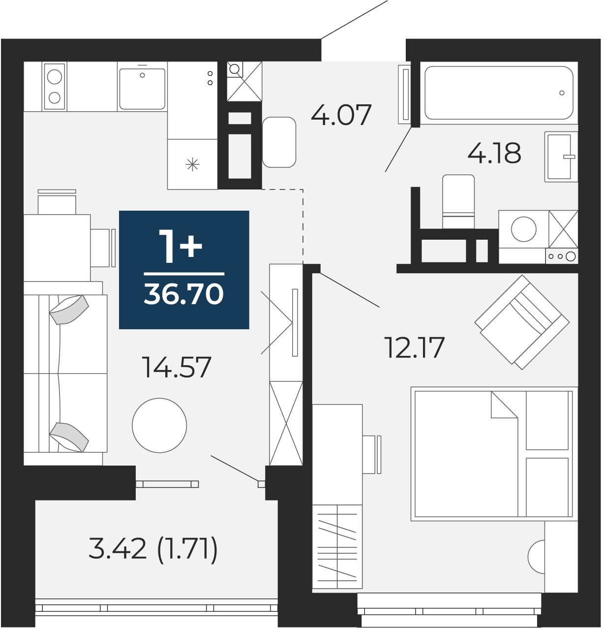 Квартира № 48, 1-комнатная, 36.7 кв. м, 7 этаж