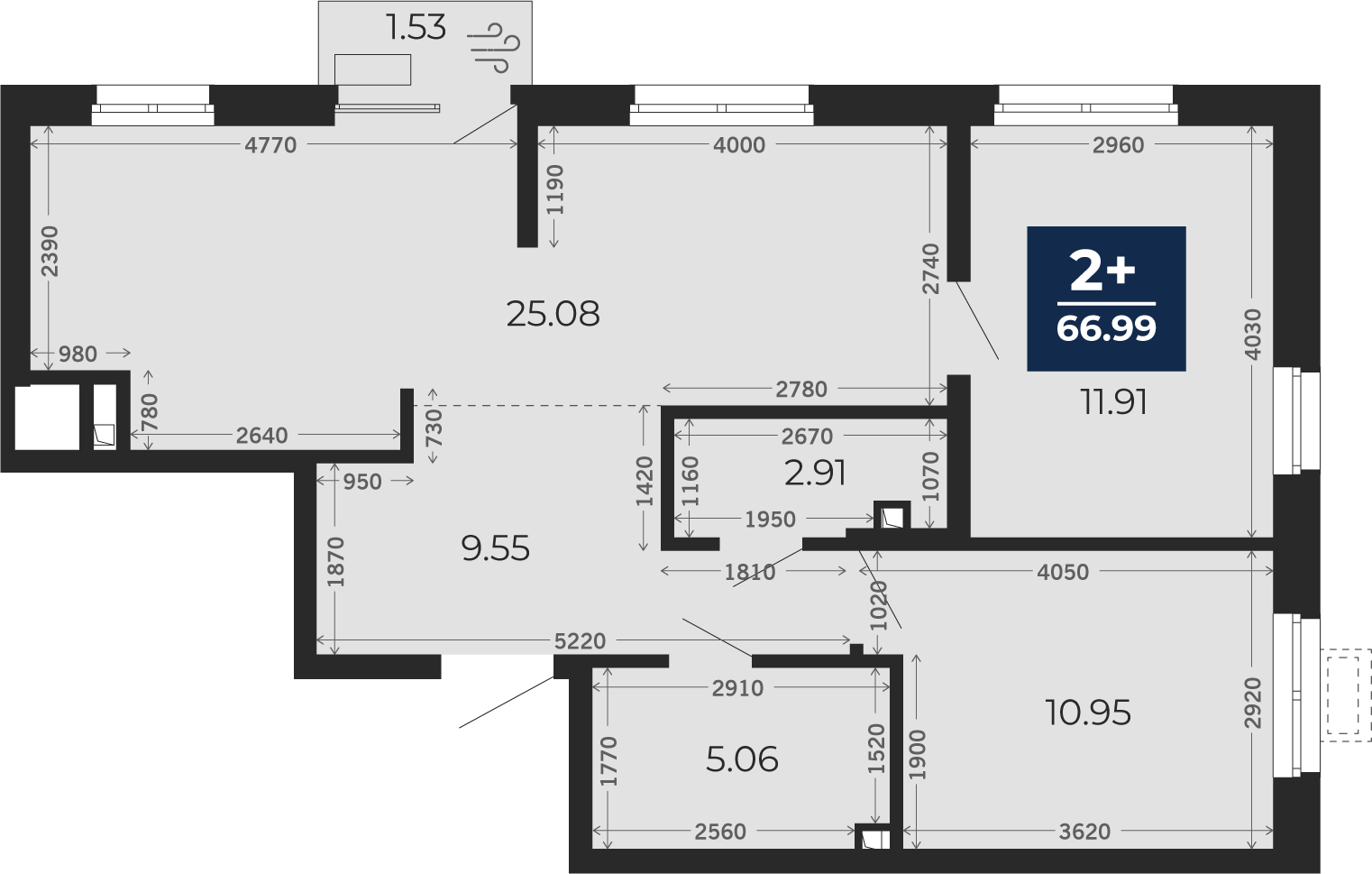 Квартира № 441, 2-комнатная, 66.99 кв. м, 2 этаж