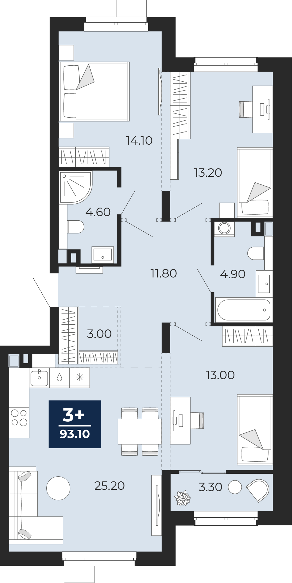 Квартира № 439, 3-комнатная, 93.1 кв. м, 2 этаж