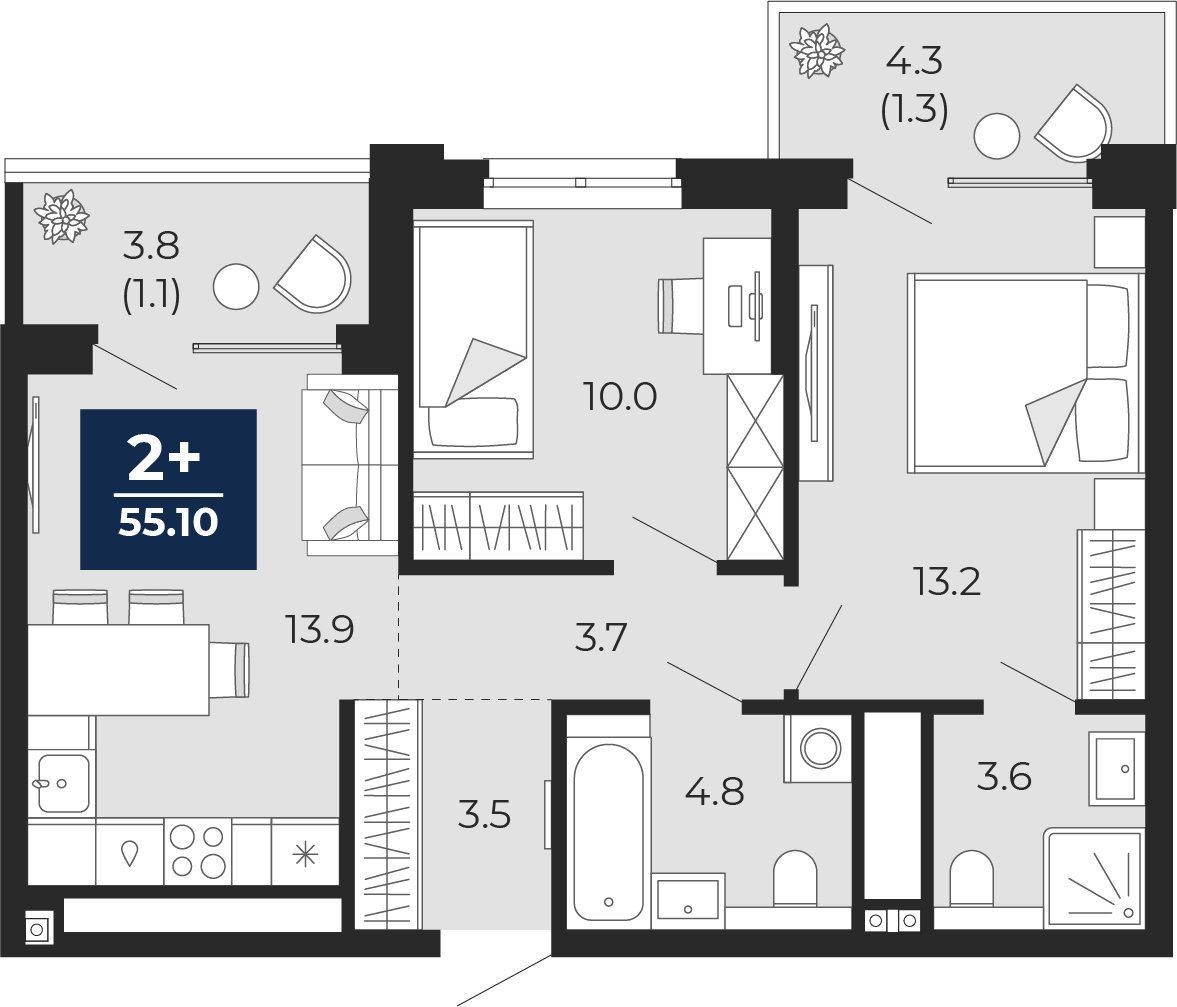 Квартира № 194, 2-комнатная, 60.8 кв. м, 14 этаж