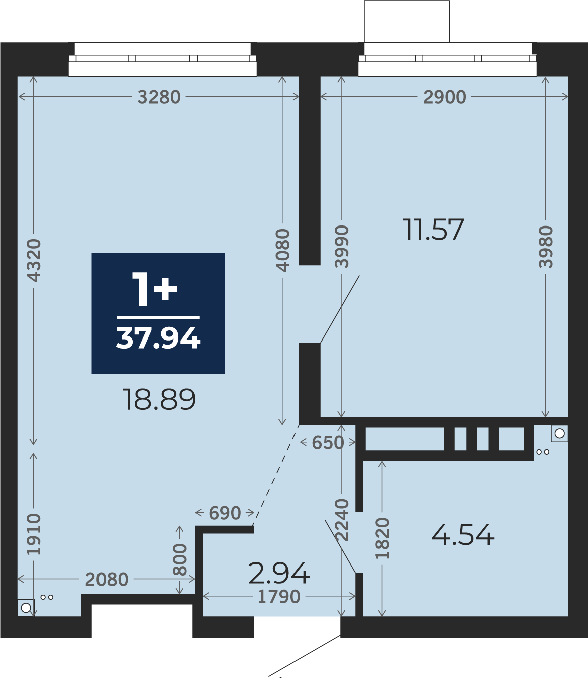 Квартира № 245, 1-комнатная, 37.94 кв. м, 21 этаж