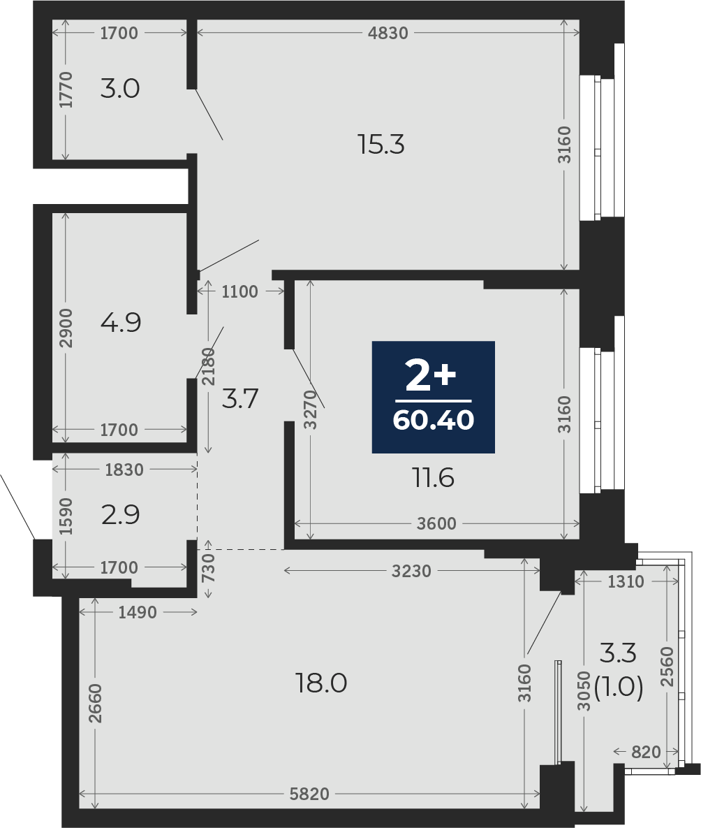 Квартира № 108, 2-комнатная, 60.4 кв. м, 2 этаж