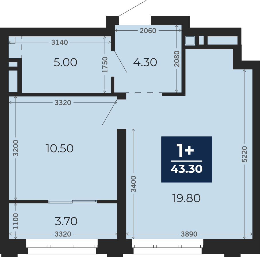 Квартира № 309, 1-комнатная, 43.3 кв. м, 11 этаж